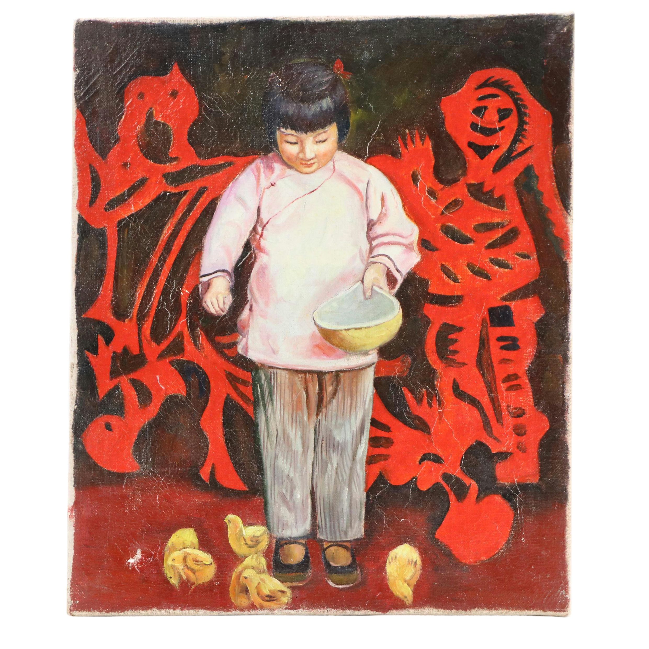 In the Style of Qin Dahu Oil Painting of Young Girl Feeding Chicks