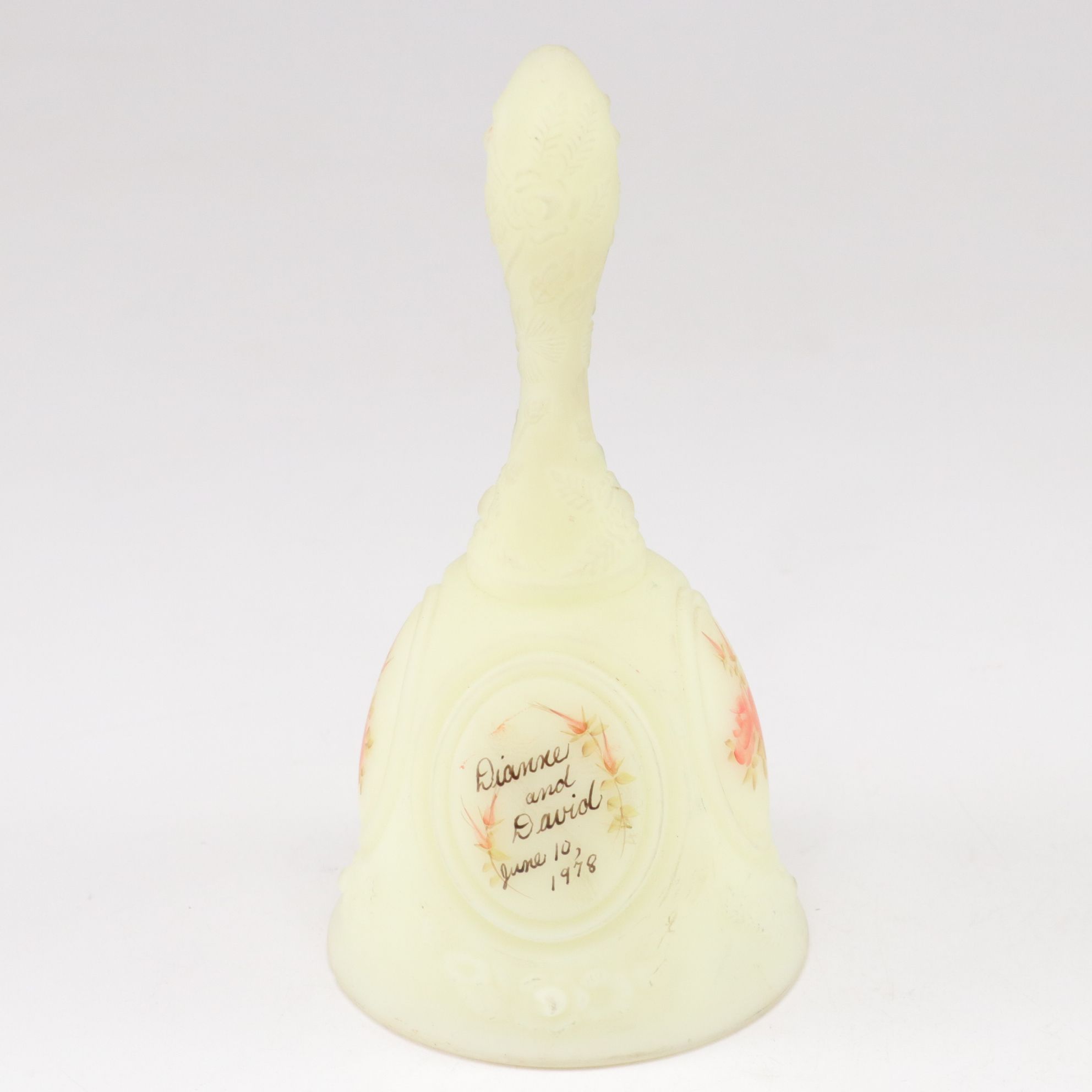 Uranium Glass Hand Bell with Needlepoint Bride