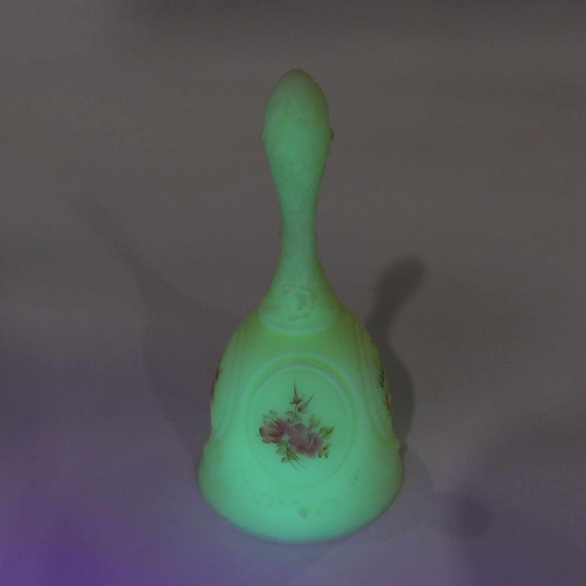 Uranium Glass Hand Bell with Needlepoint Bride
