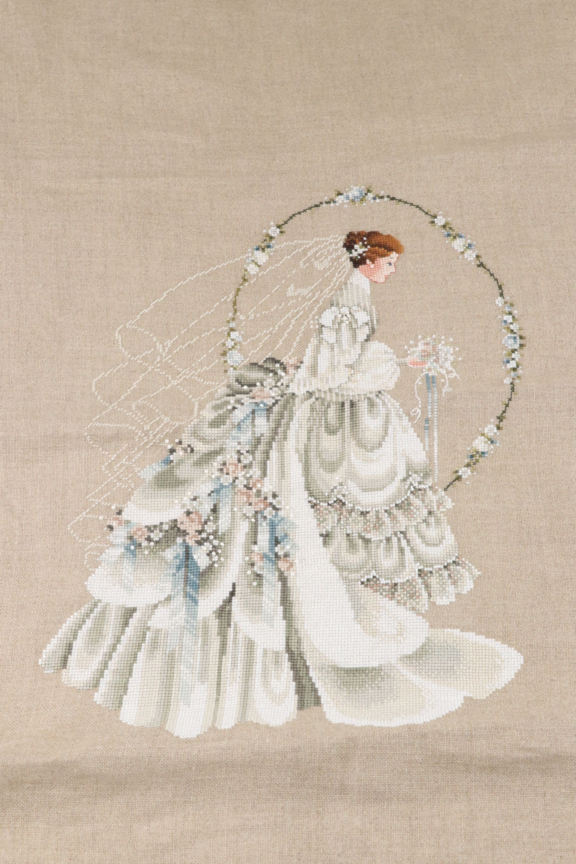 Uranium Glass Hand Bell with Needlepoint Bride