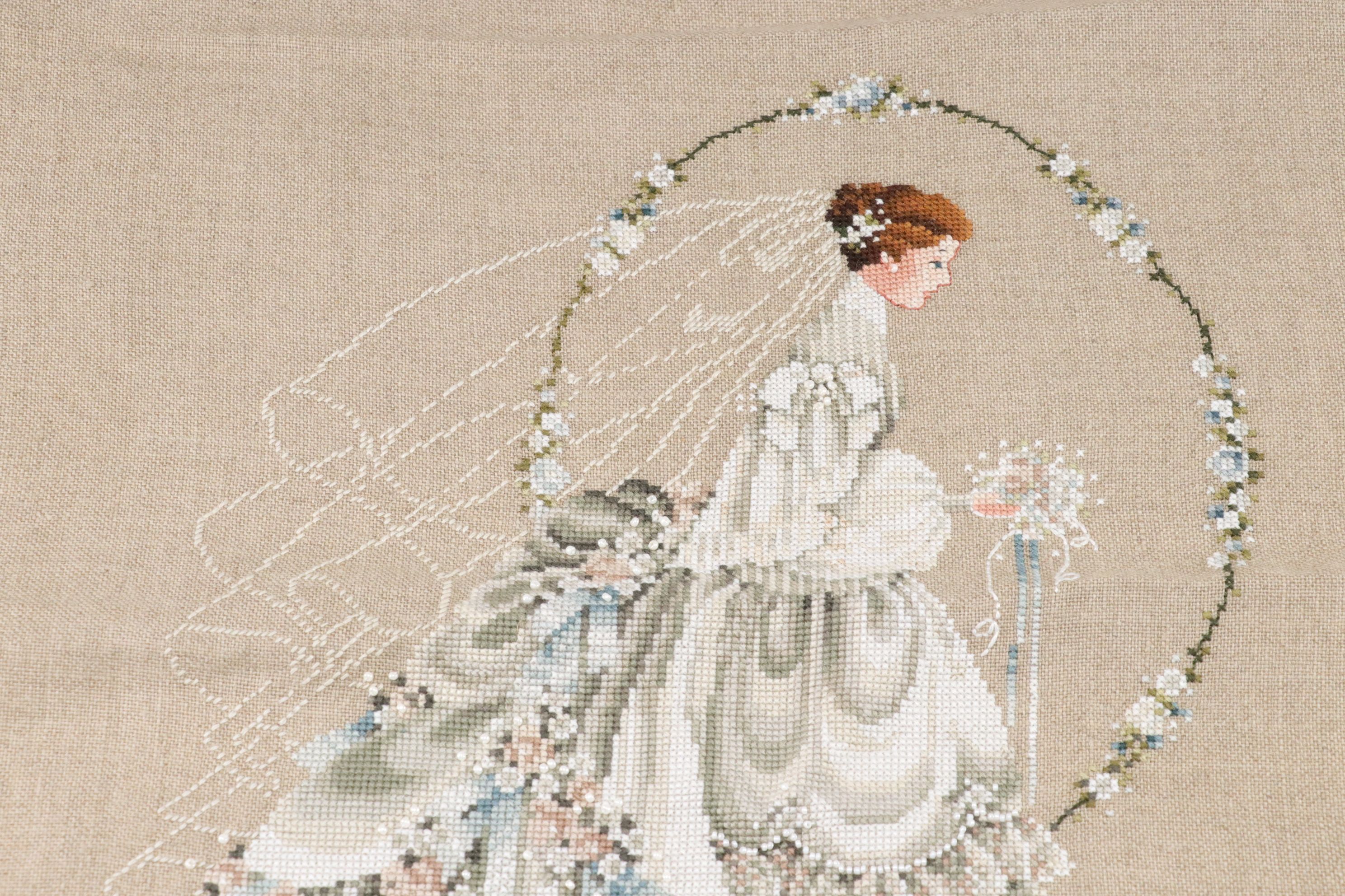 Uranium Glass Hand Bell with Needlepoint Bride