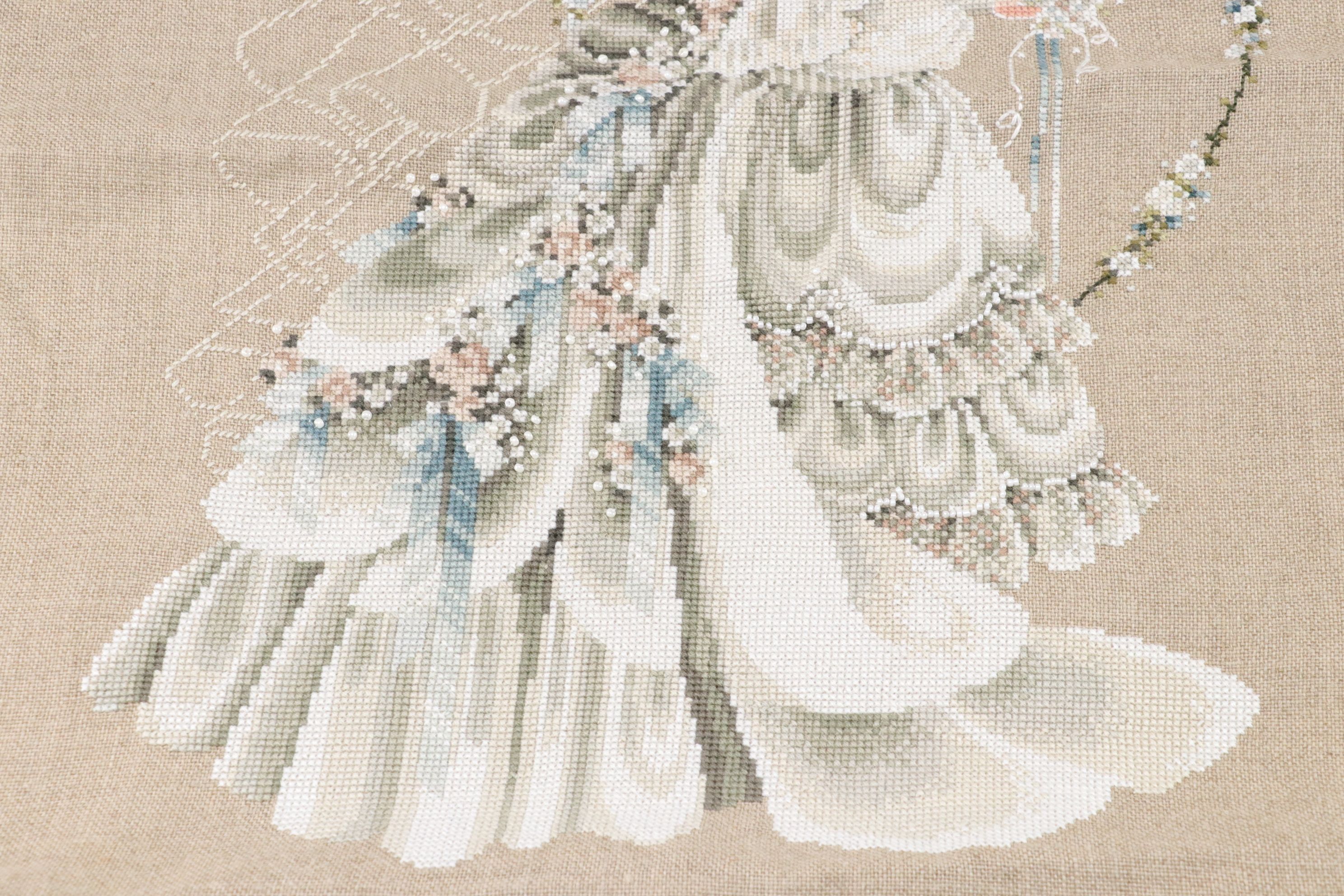 Uranium Glass Hand Bell with Needlepoint Bride