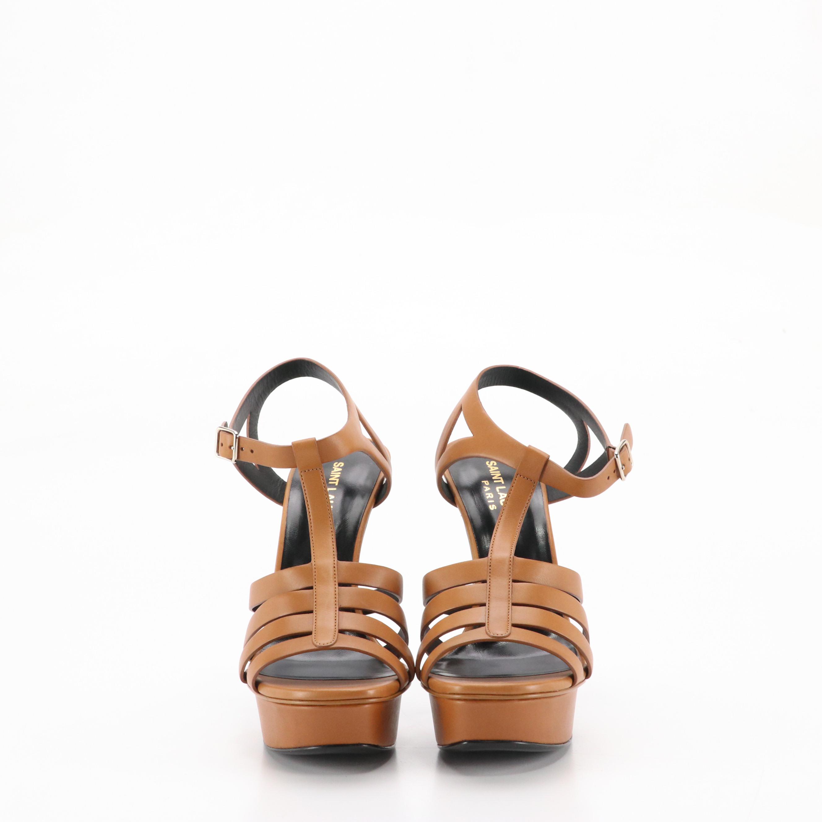 Saint Laurent Caged Platform Pumps in Caramel Brown Leather