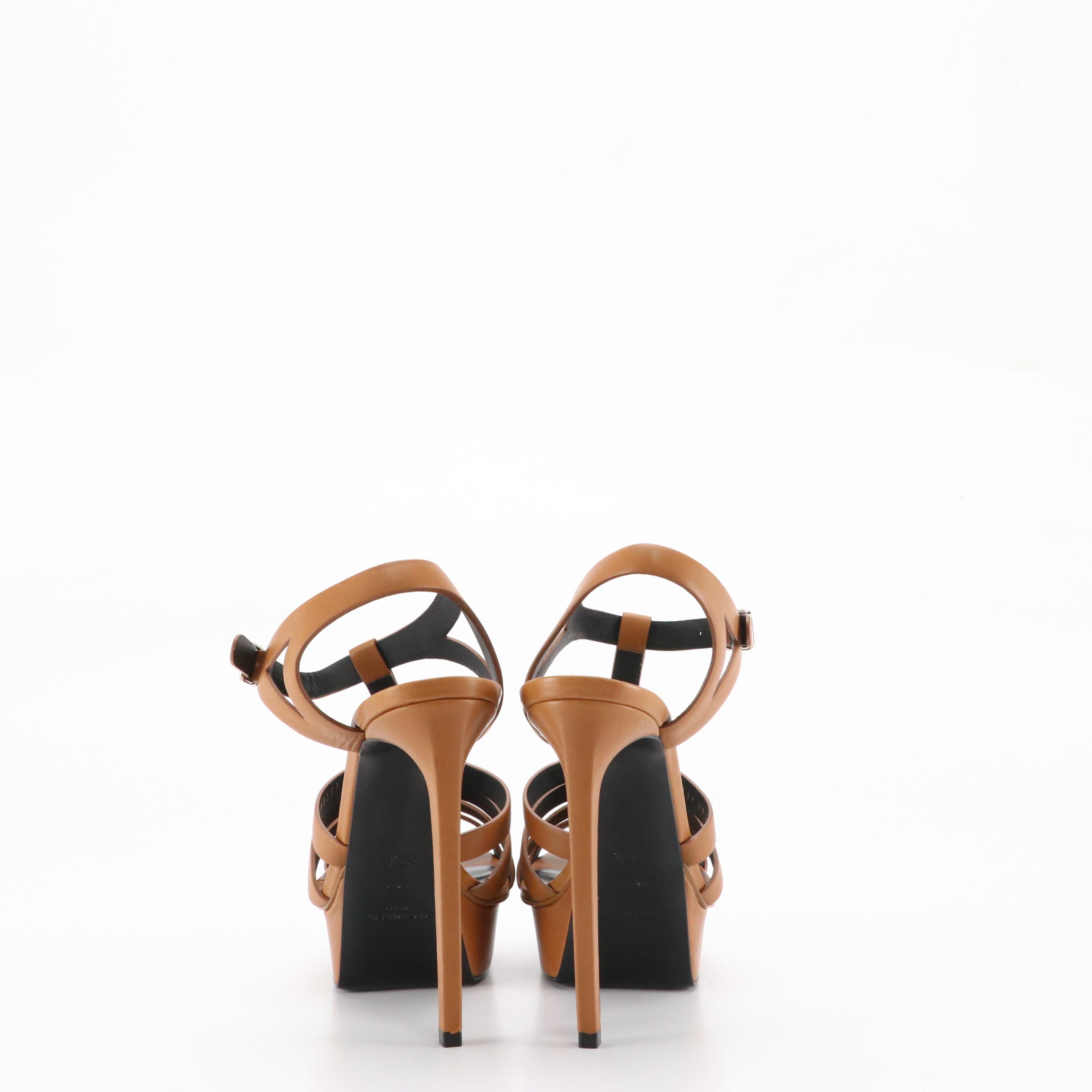 Saint Laurent Caged Platform Pumps in Caramel Brown Leather