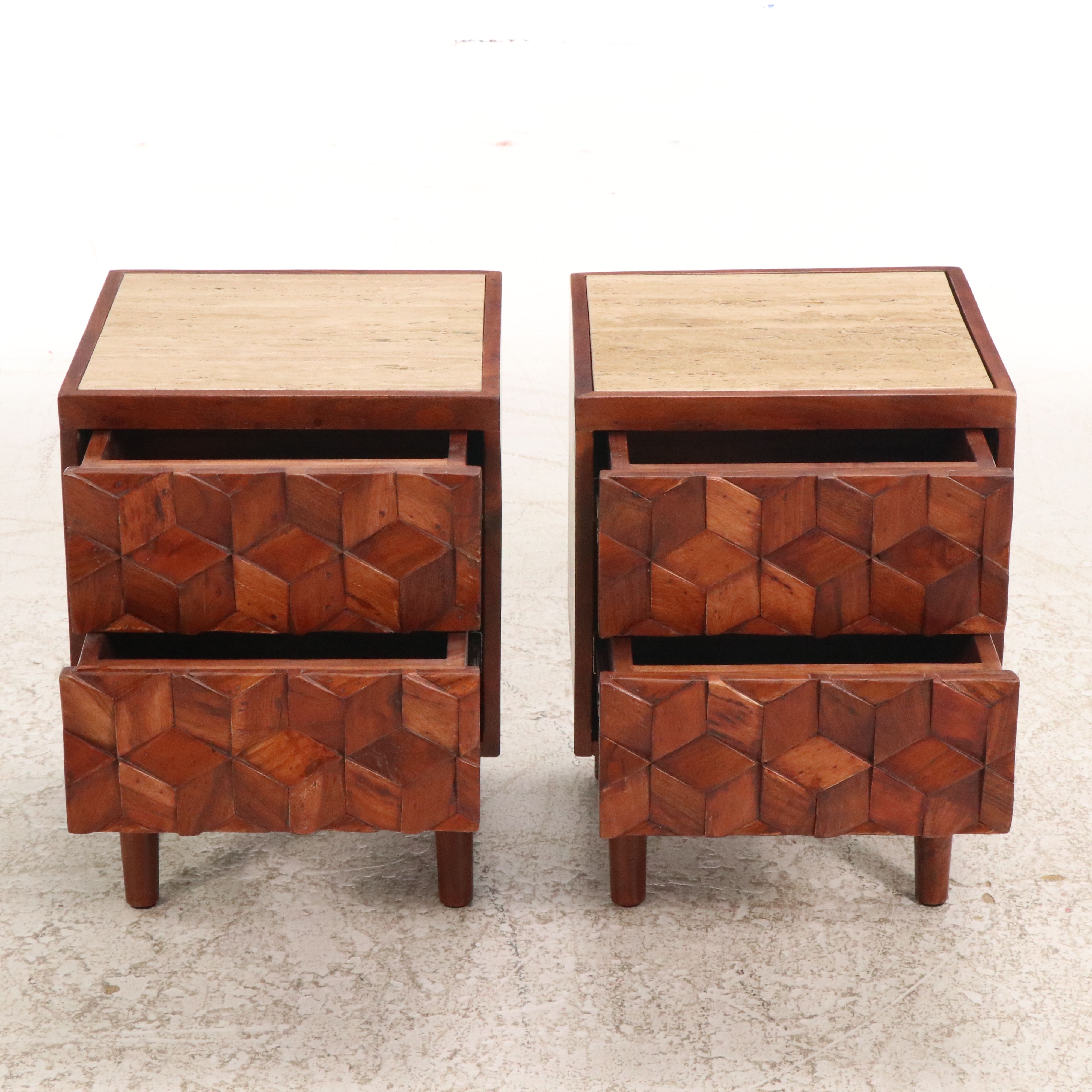 Pair of Modern Geometric Wooden Nightstands with Marble Tops