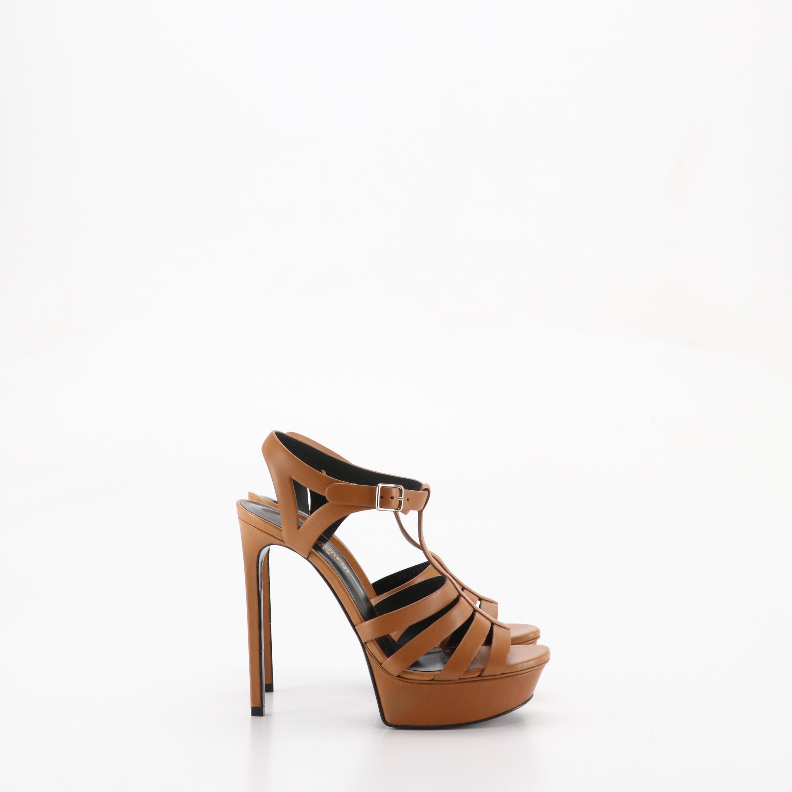 Saint Laurent Caged Platform Pumps in Caramel Brown Leather