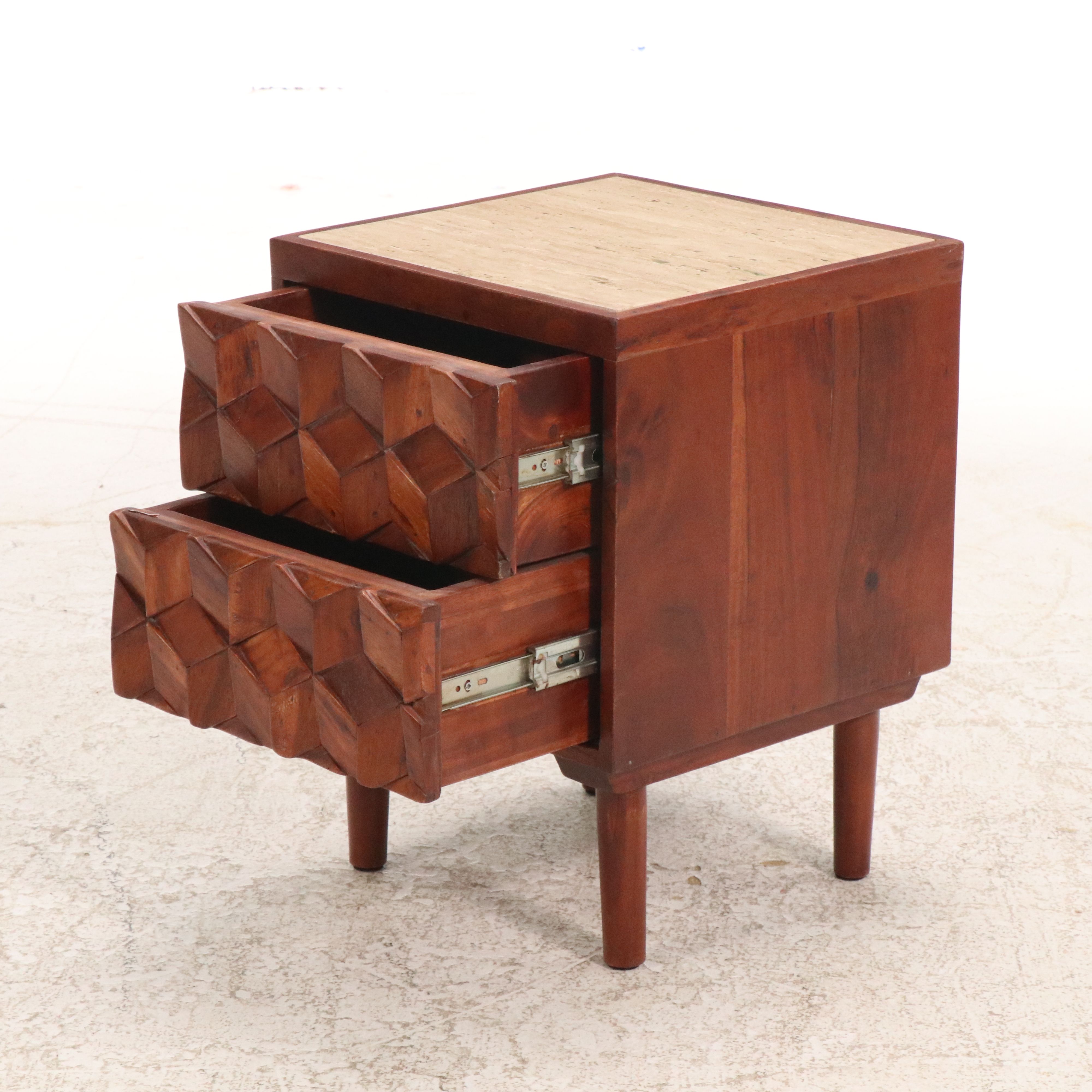 Pair of Modern Geometric Wooden Nightstands with Marble Tops