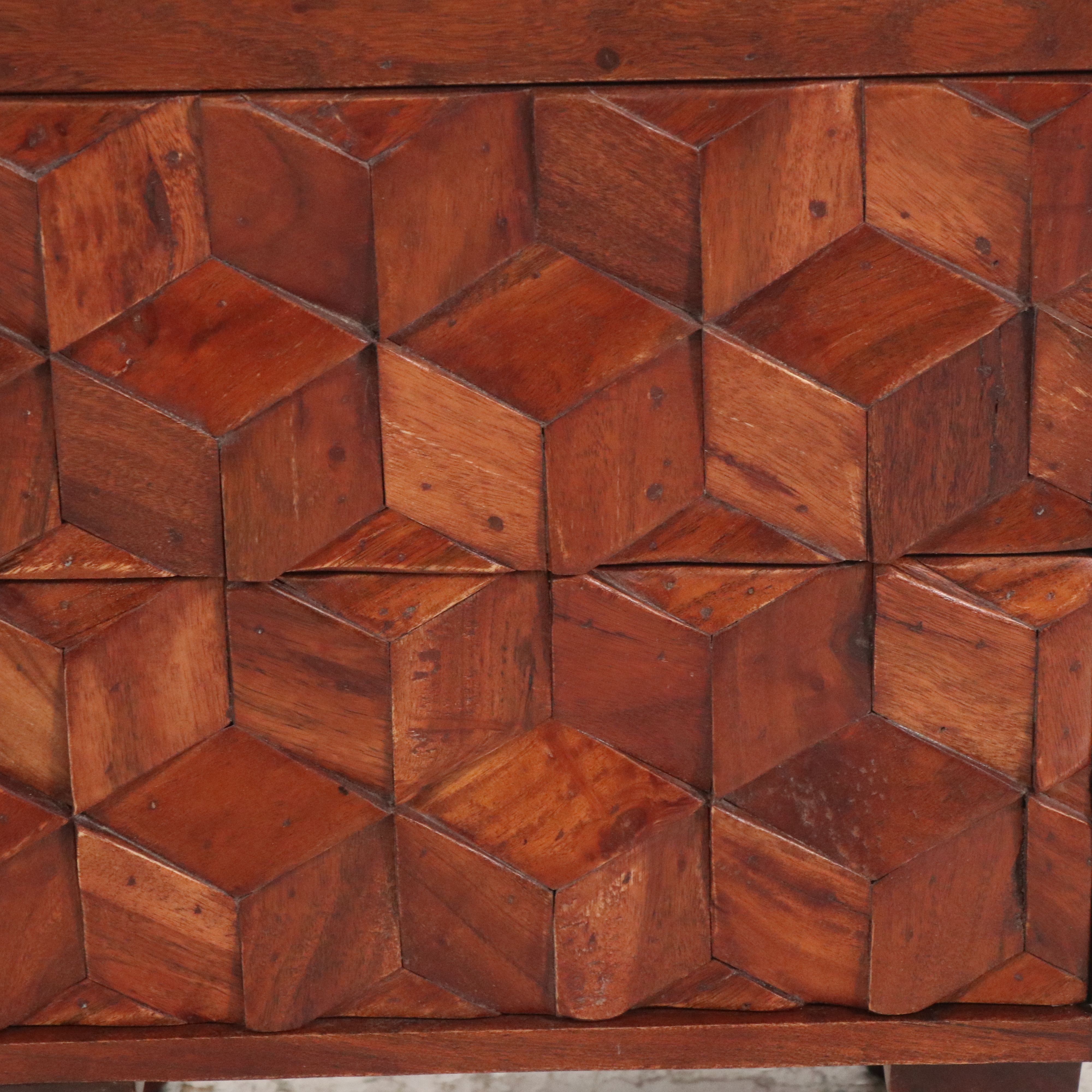 Pair of Modern Geometric Wooden Nightstands with Marble Tops