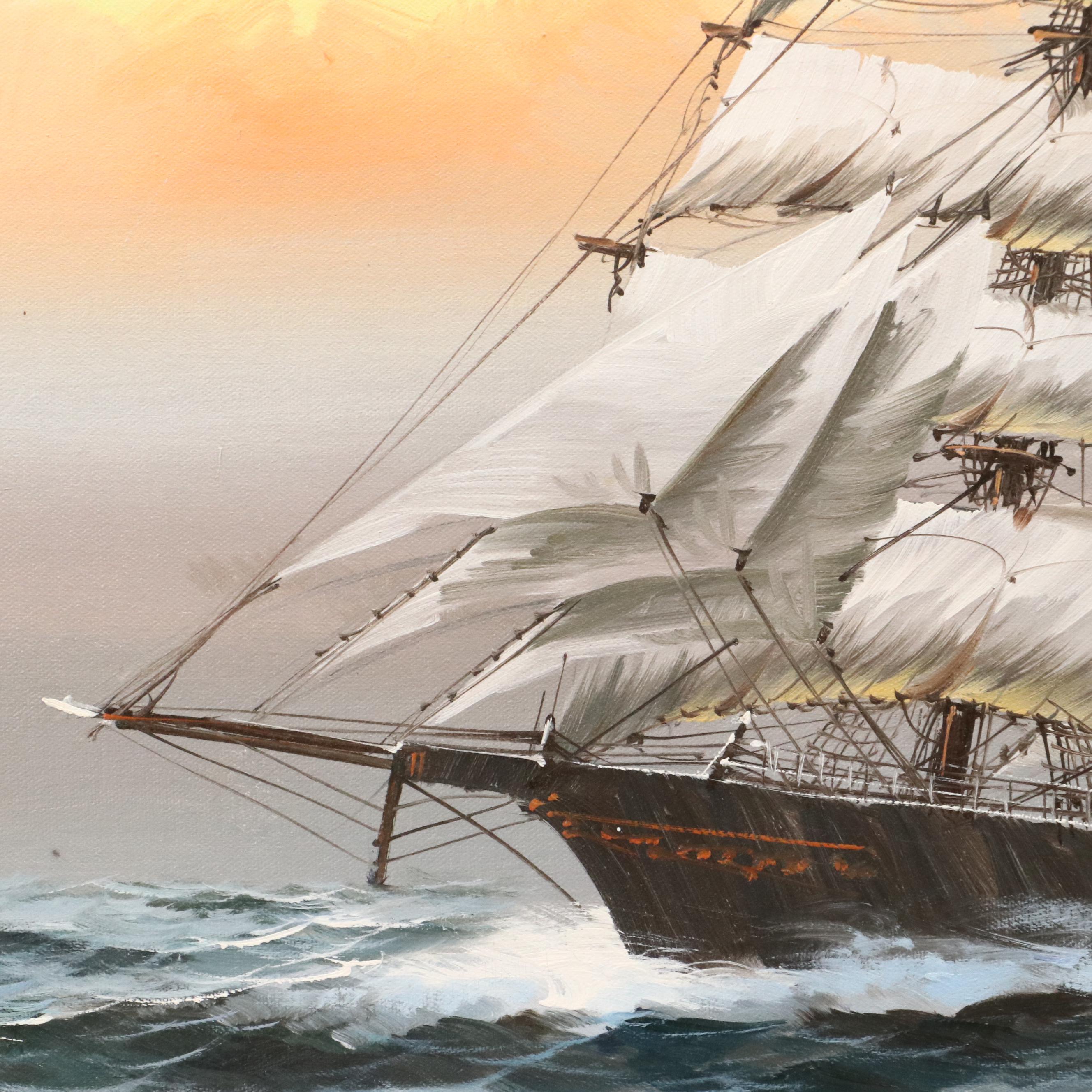 Oil Painting of Sailing Ship, Mid-20th Century
