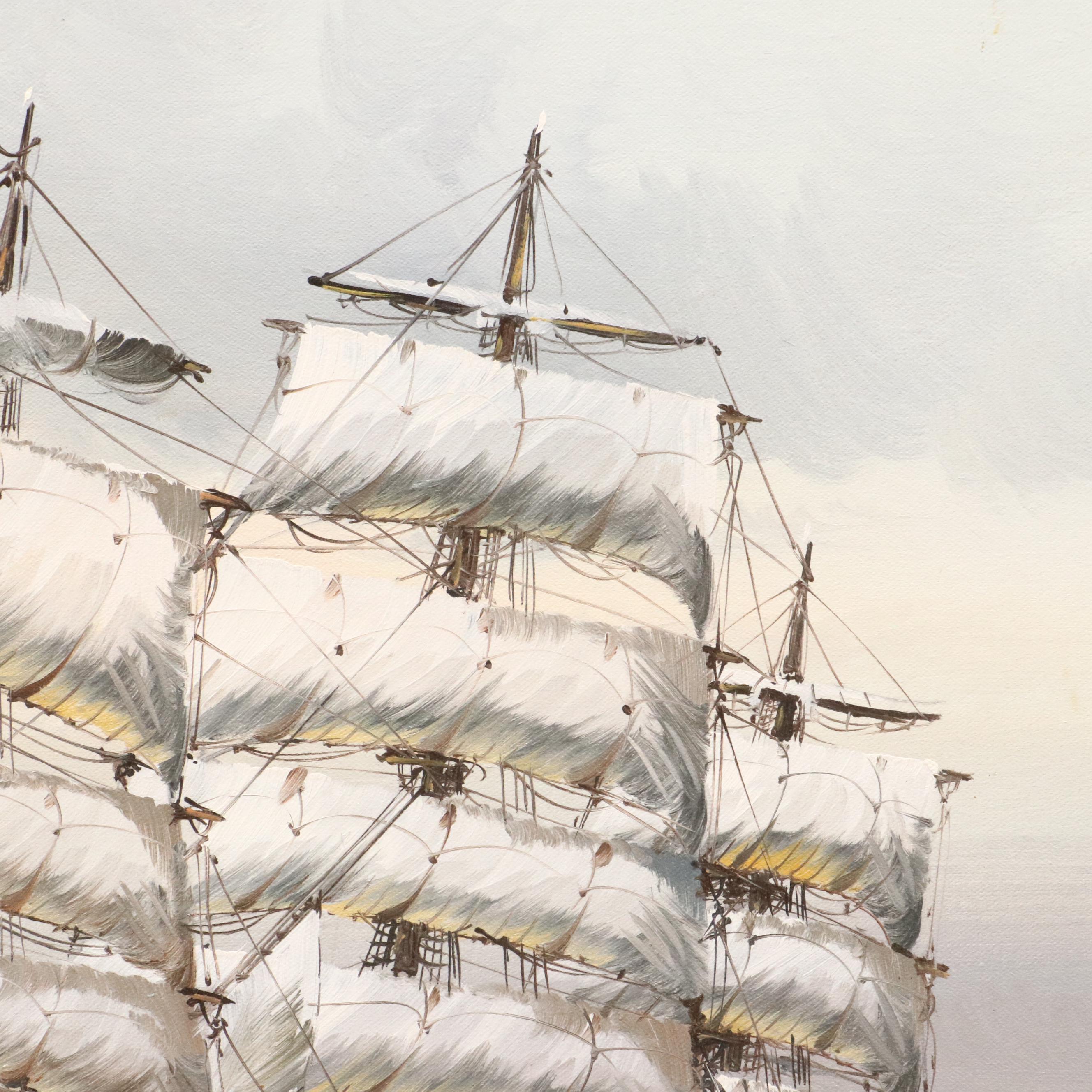 Oil Painting of Sailing Ship, Mid-20th Century