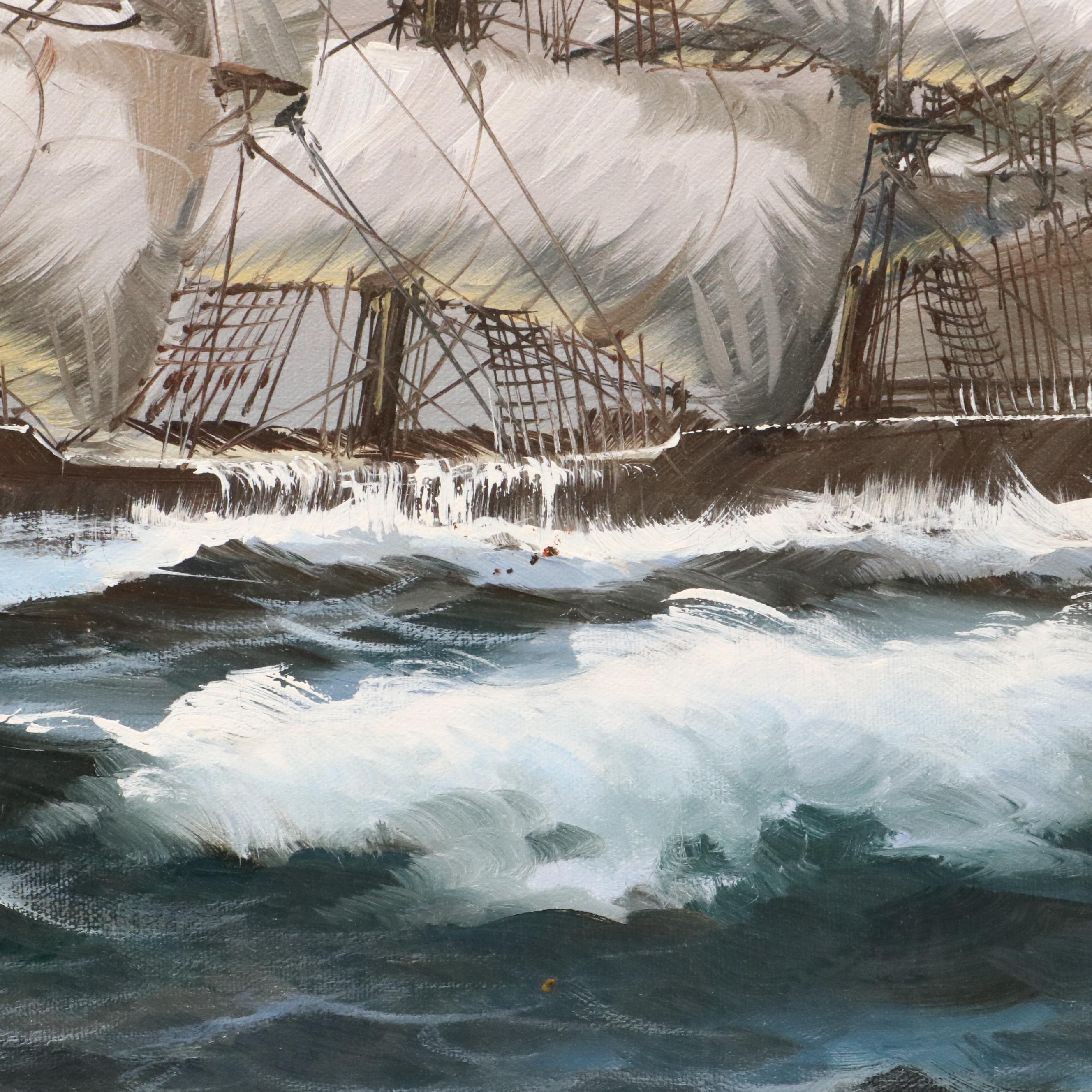 Oil Painting of Sailing Ship, Mid-20th Century