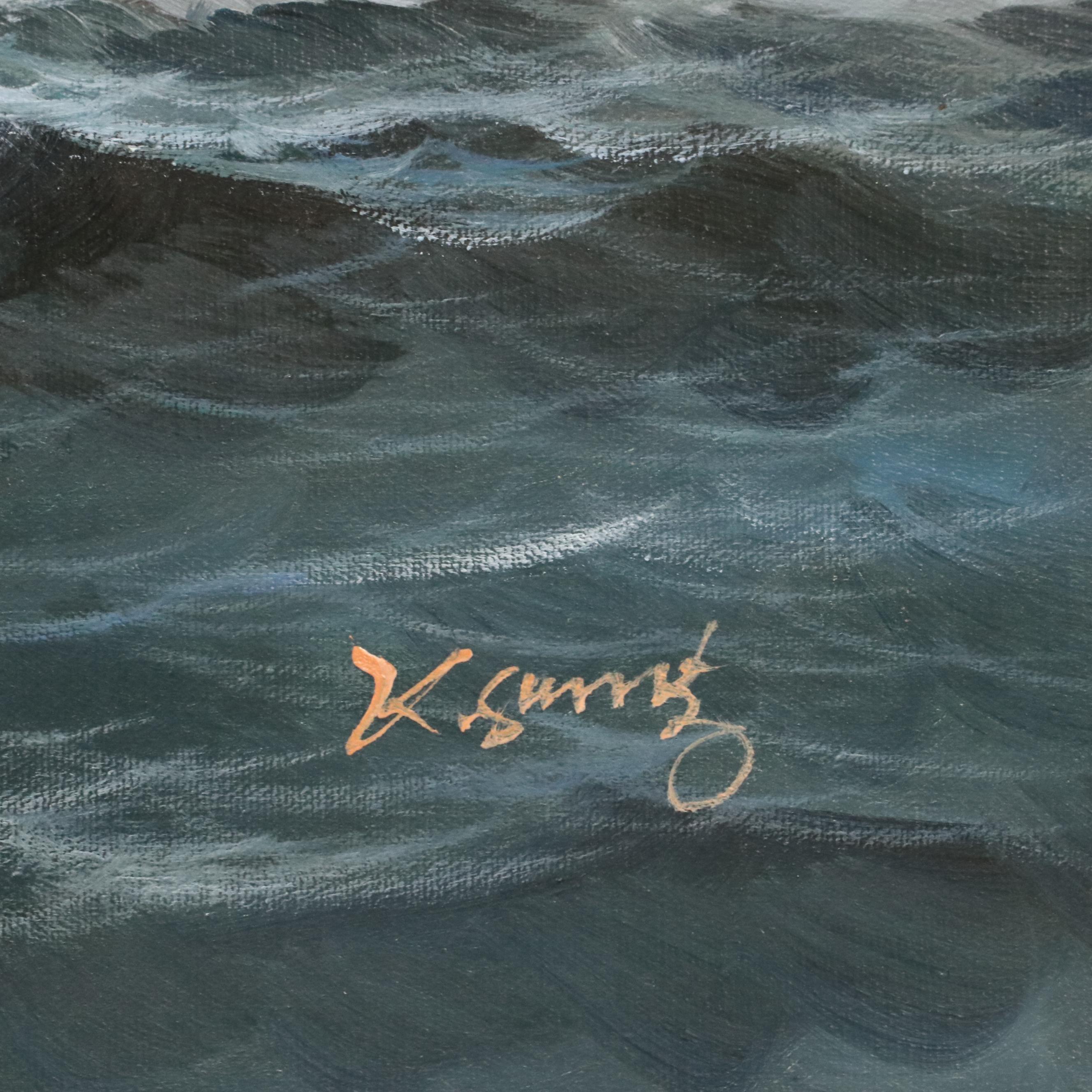 Oil Painting of Sailing Ship, Mid-20th Century