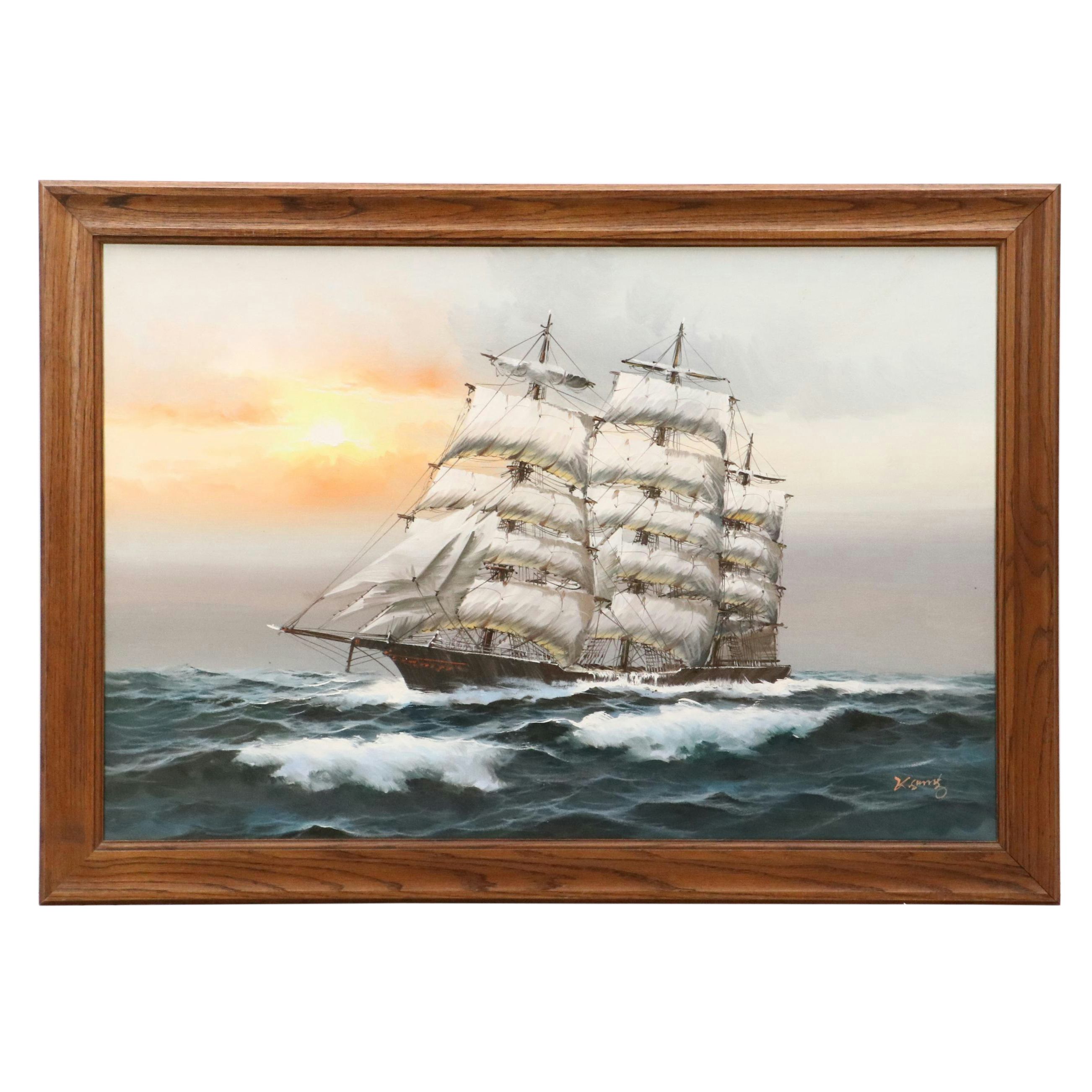Oil Painting of Sailing Ship, Mid-20th Century