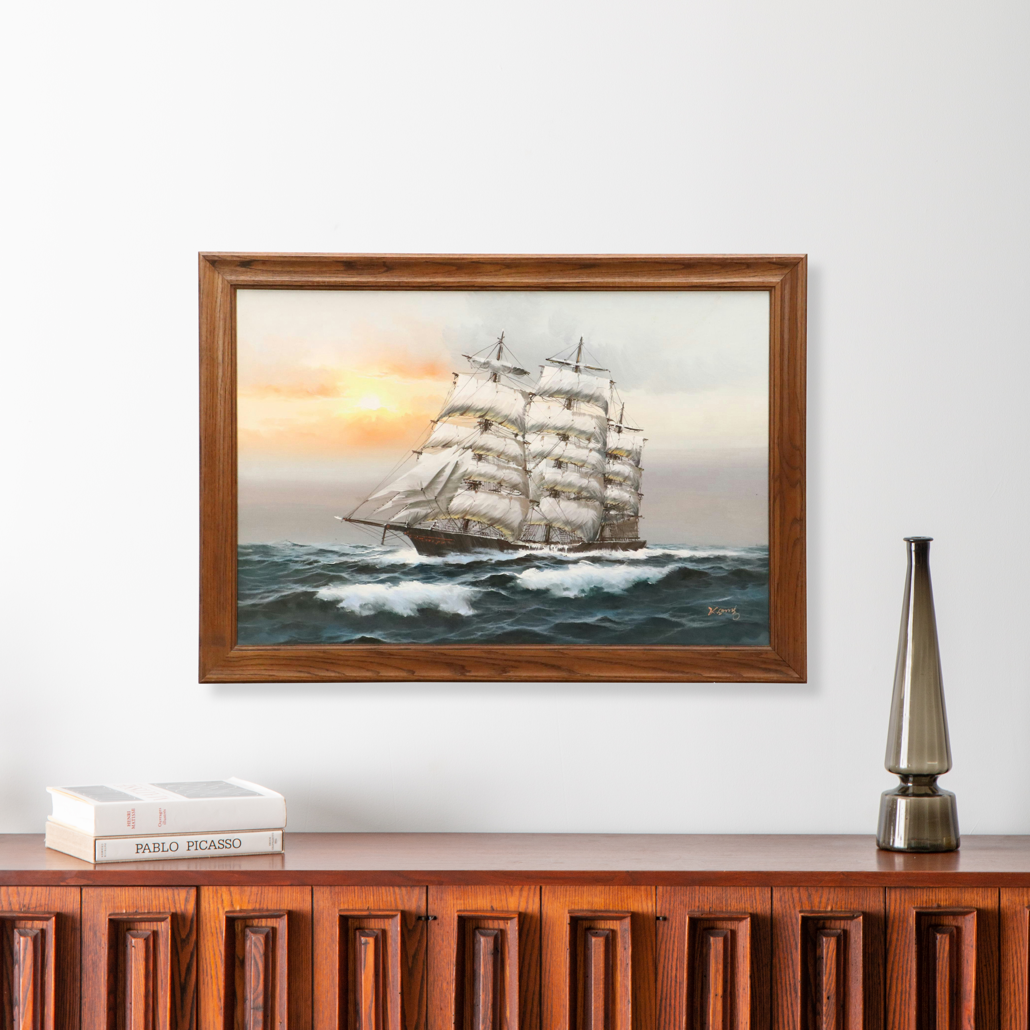 Oil Painting of Sailing Ship, Mid-20th Century