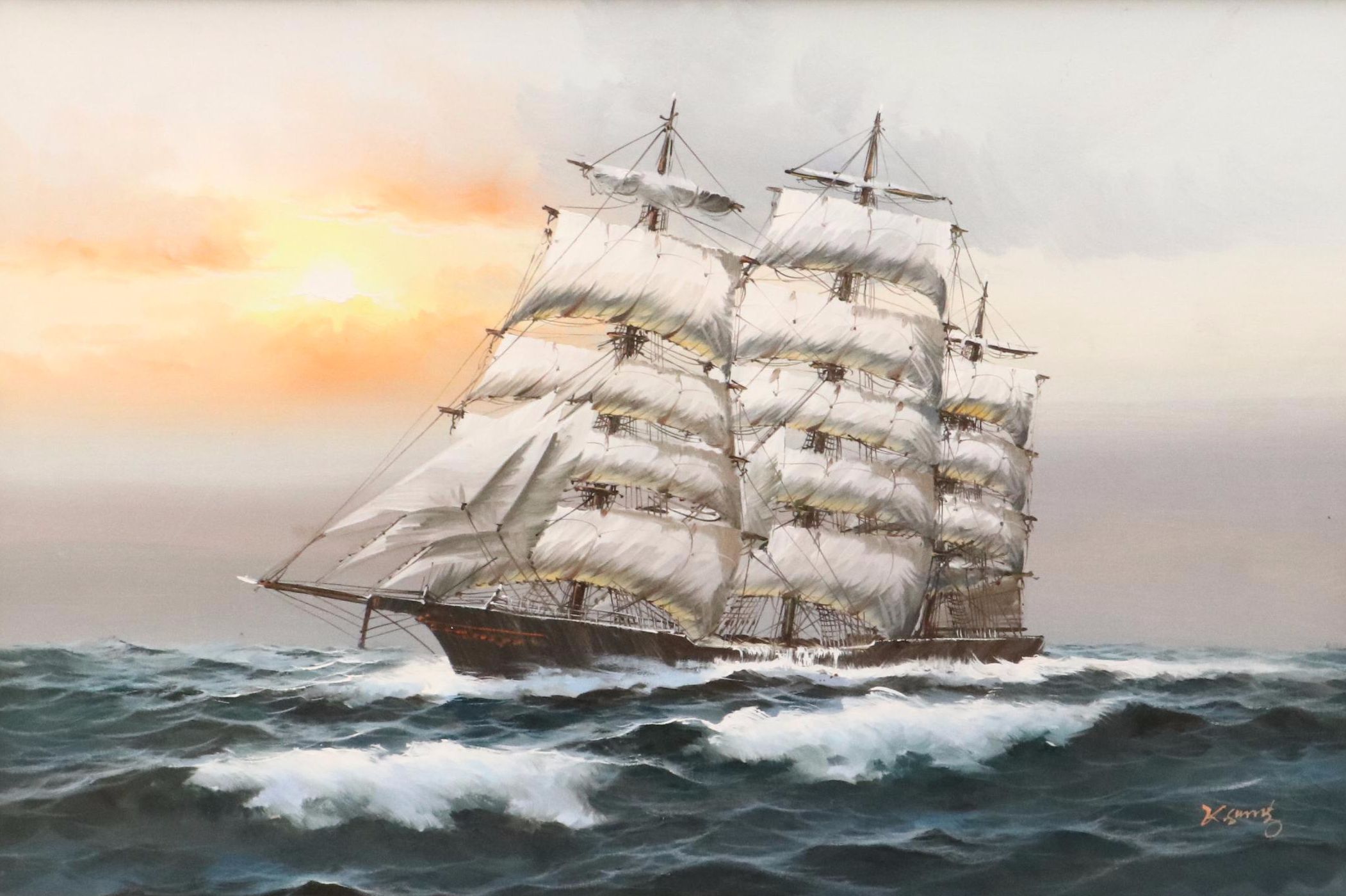 Oil Painting of Sailing Ship, Mid-20th Century