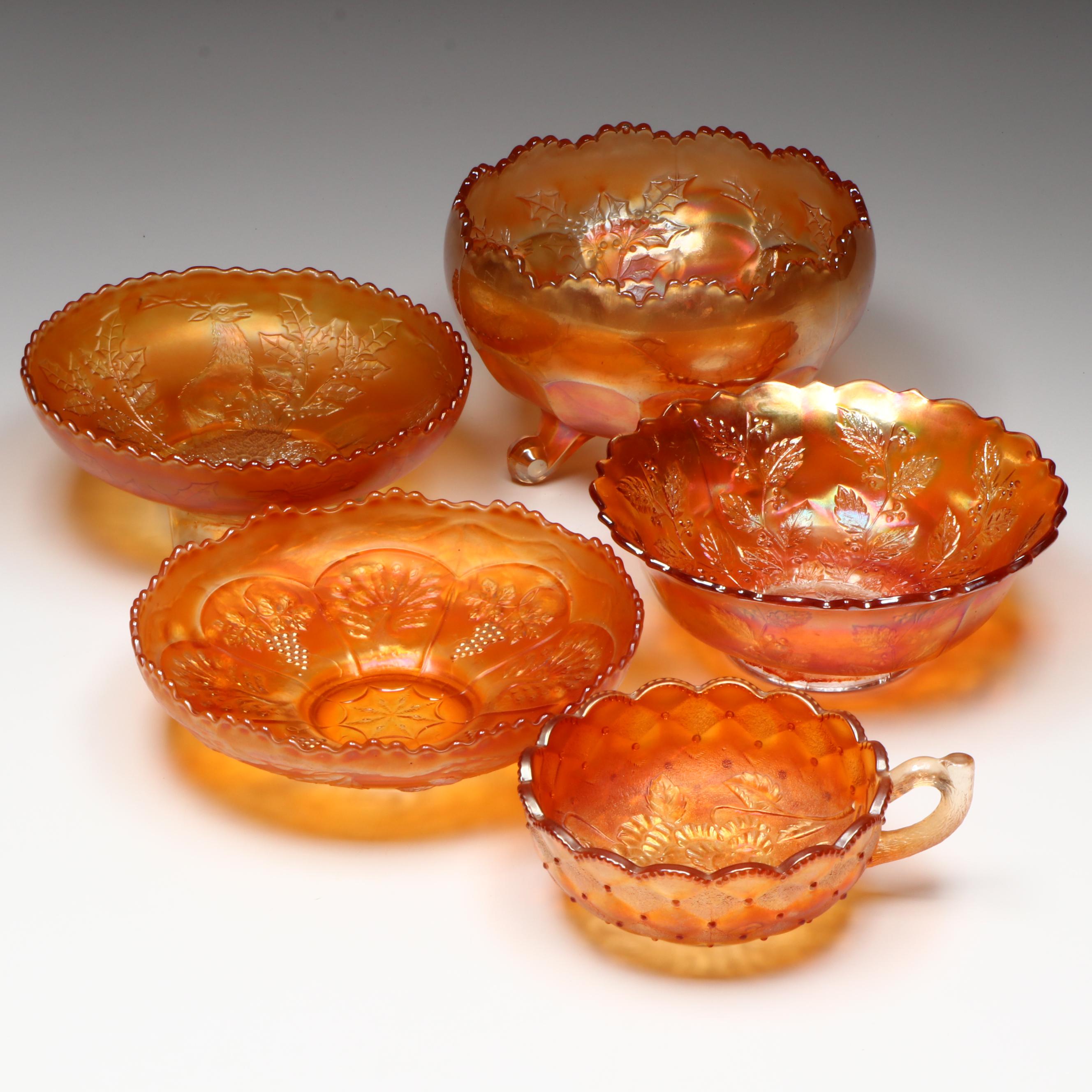 Imperial Glass Mug-Handled Dish and Other Orange Carnival Glass Bowls