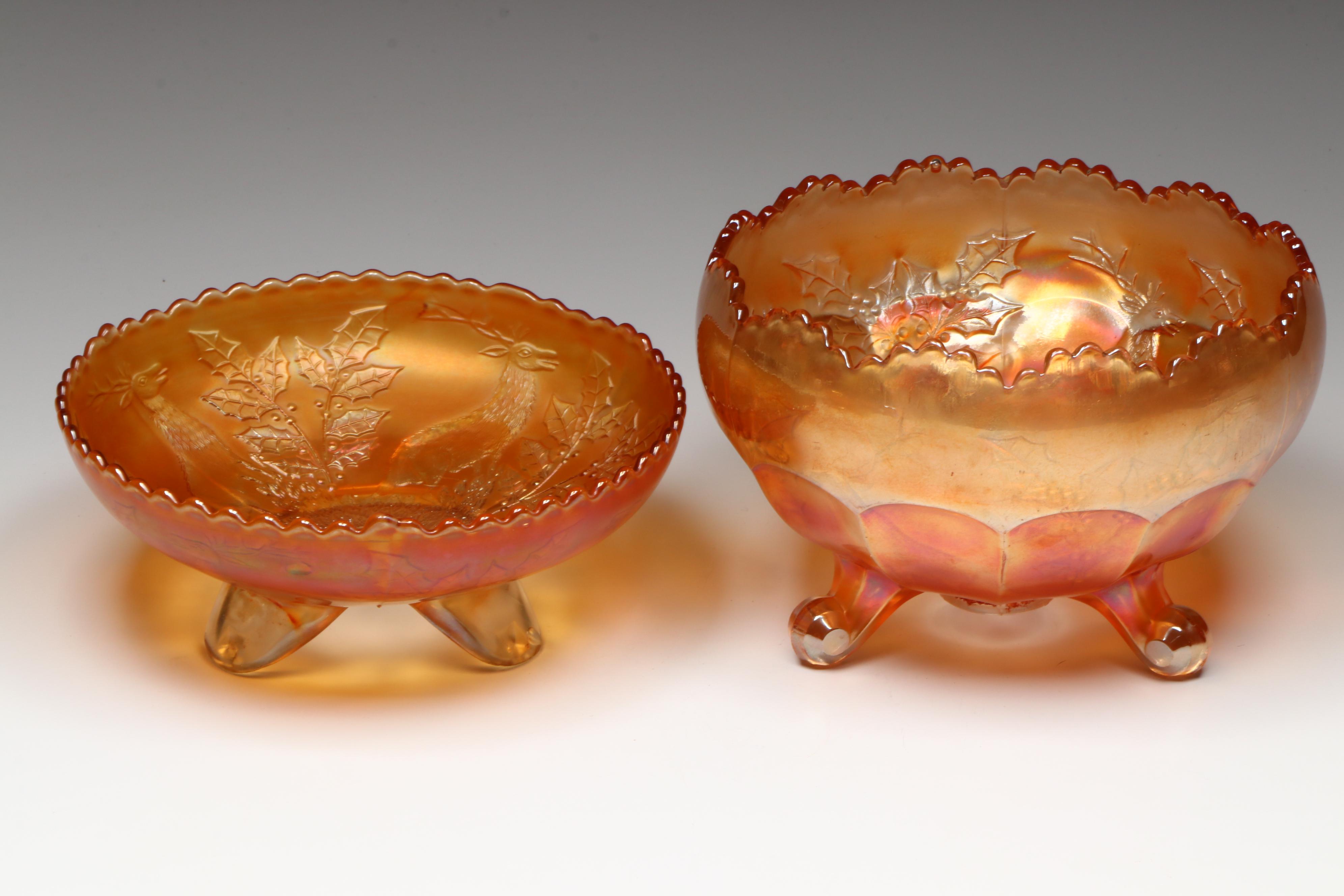 Imperial Glass Mug-Handled Dish and Other Orange Carnival Glass Bowls