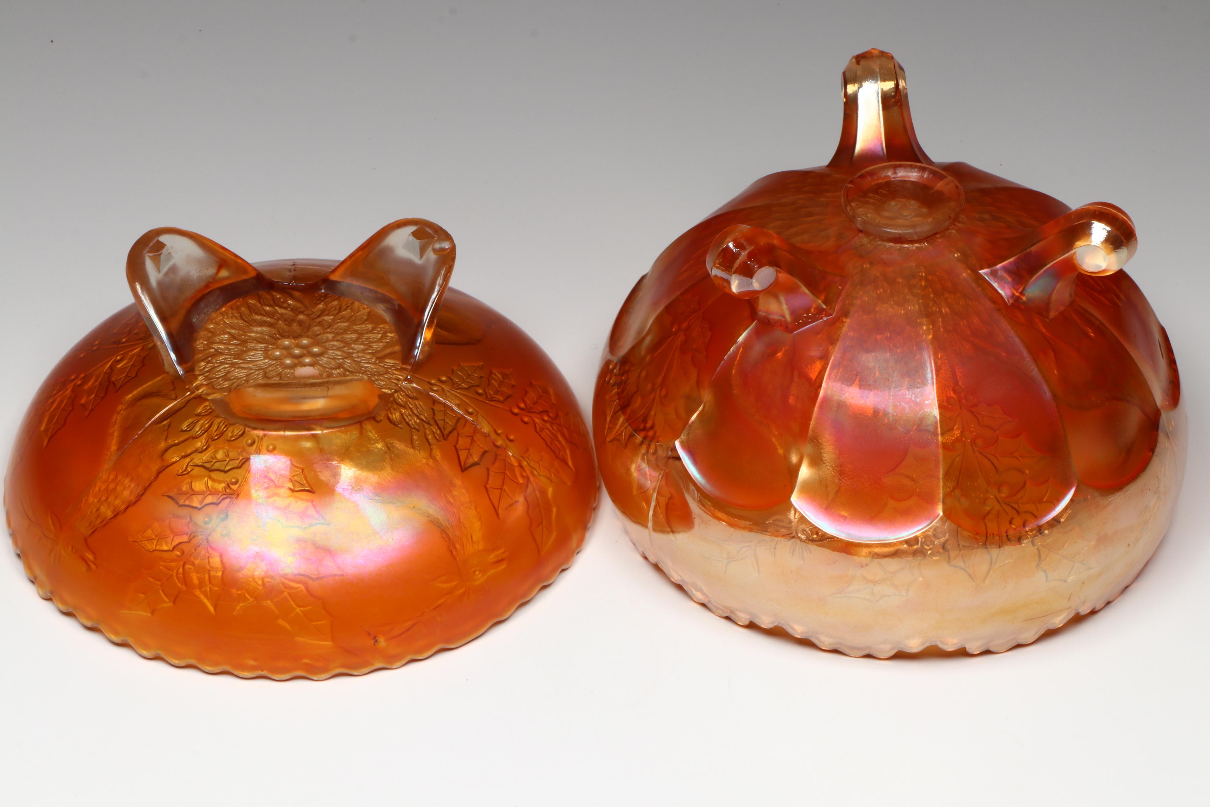 Imperial Glass Mug-Handled Dish and Other Orange Carnival Glass Bowls