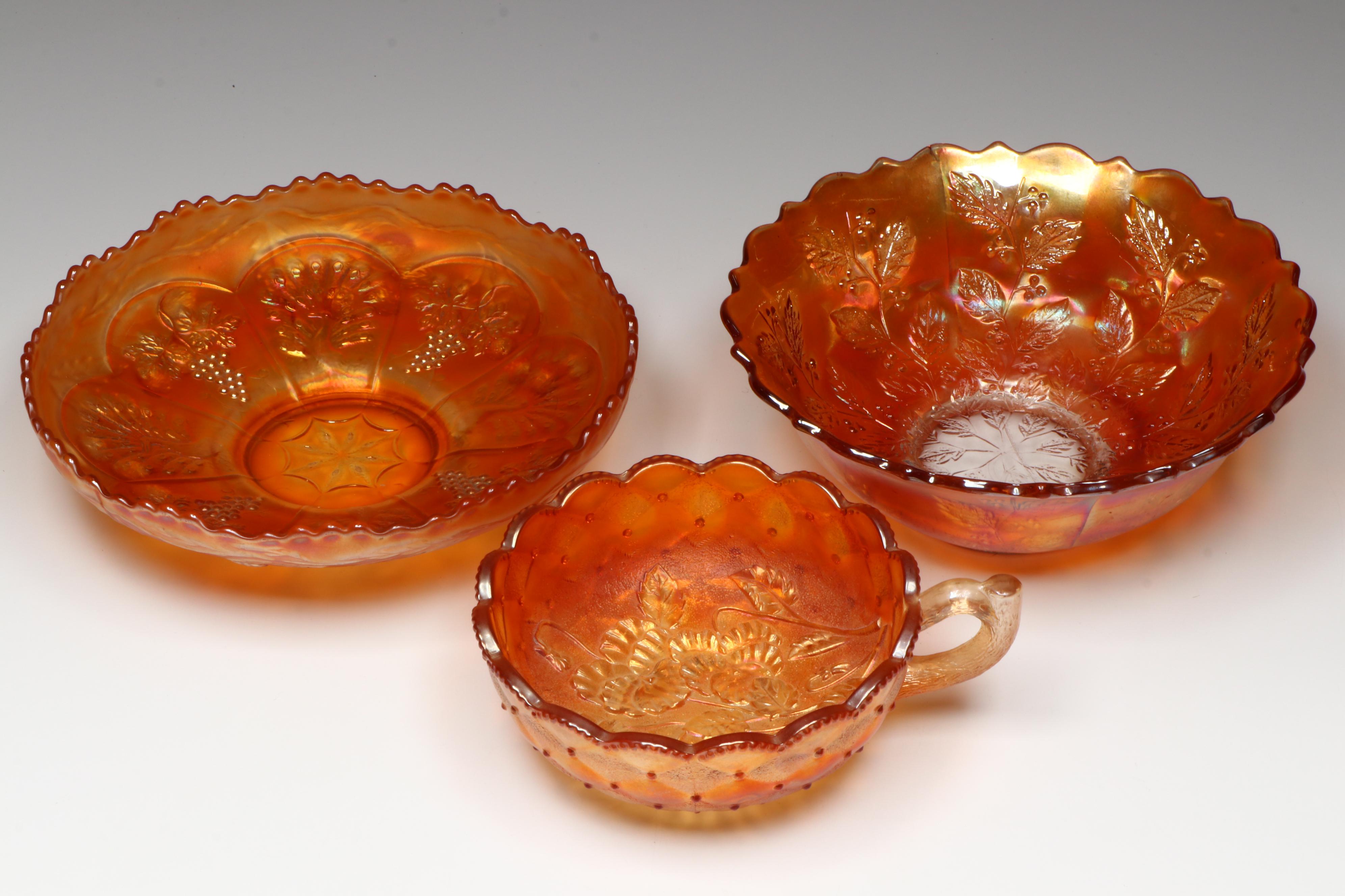 Imperial Glass Mug-Handled Dish and Other Orange Carnival Glass Bowls