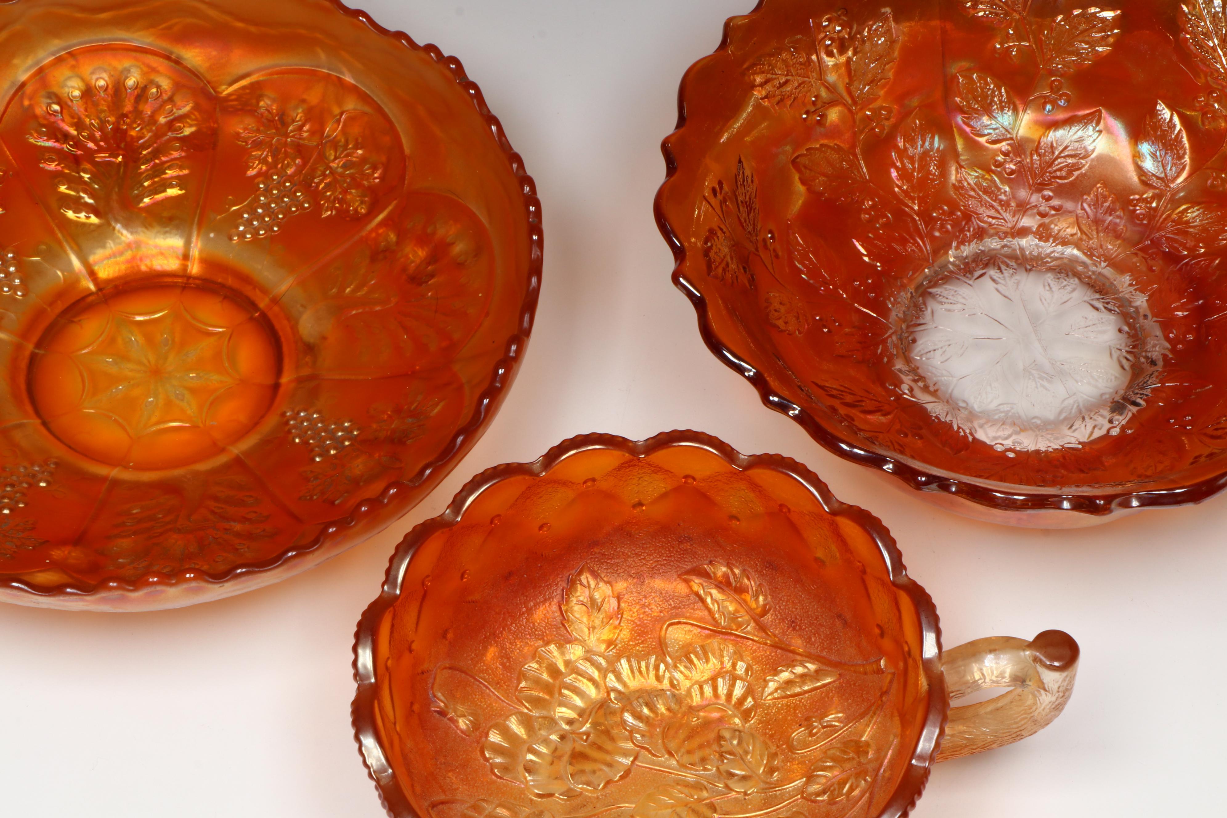 Imperial Glass Mug-Handled Dish and Other Orange Carnival Glass Bowls