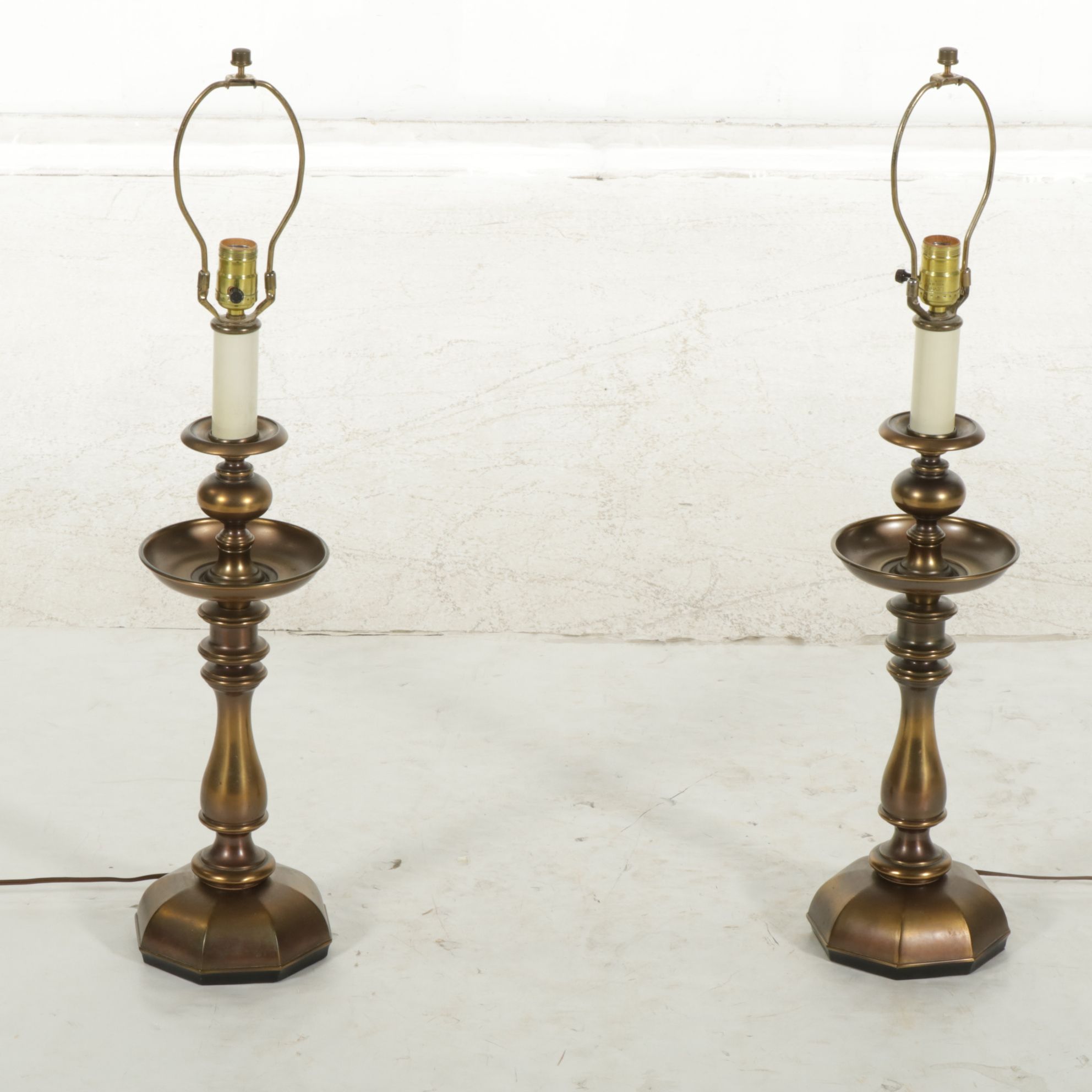 Pair of Brass Baluster Candlestick Table Lamps with Ruffled Shades