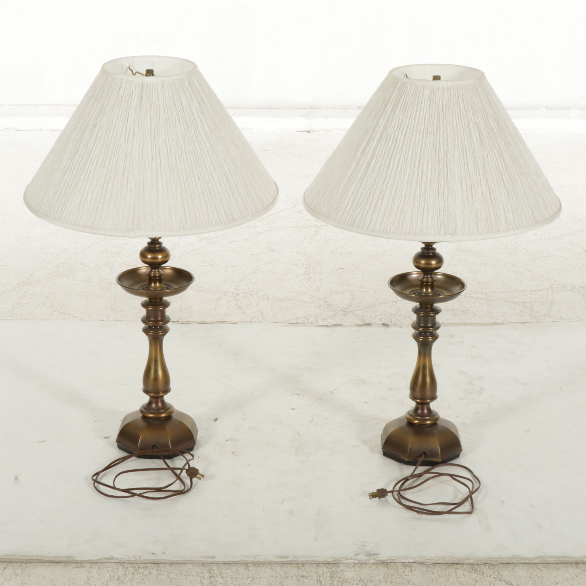 Pair of Brass Baluster Candlestick Table Lamps with Ruffled Shades