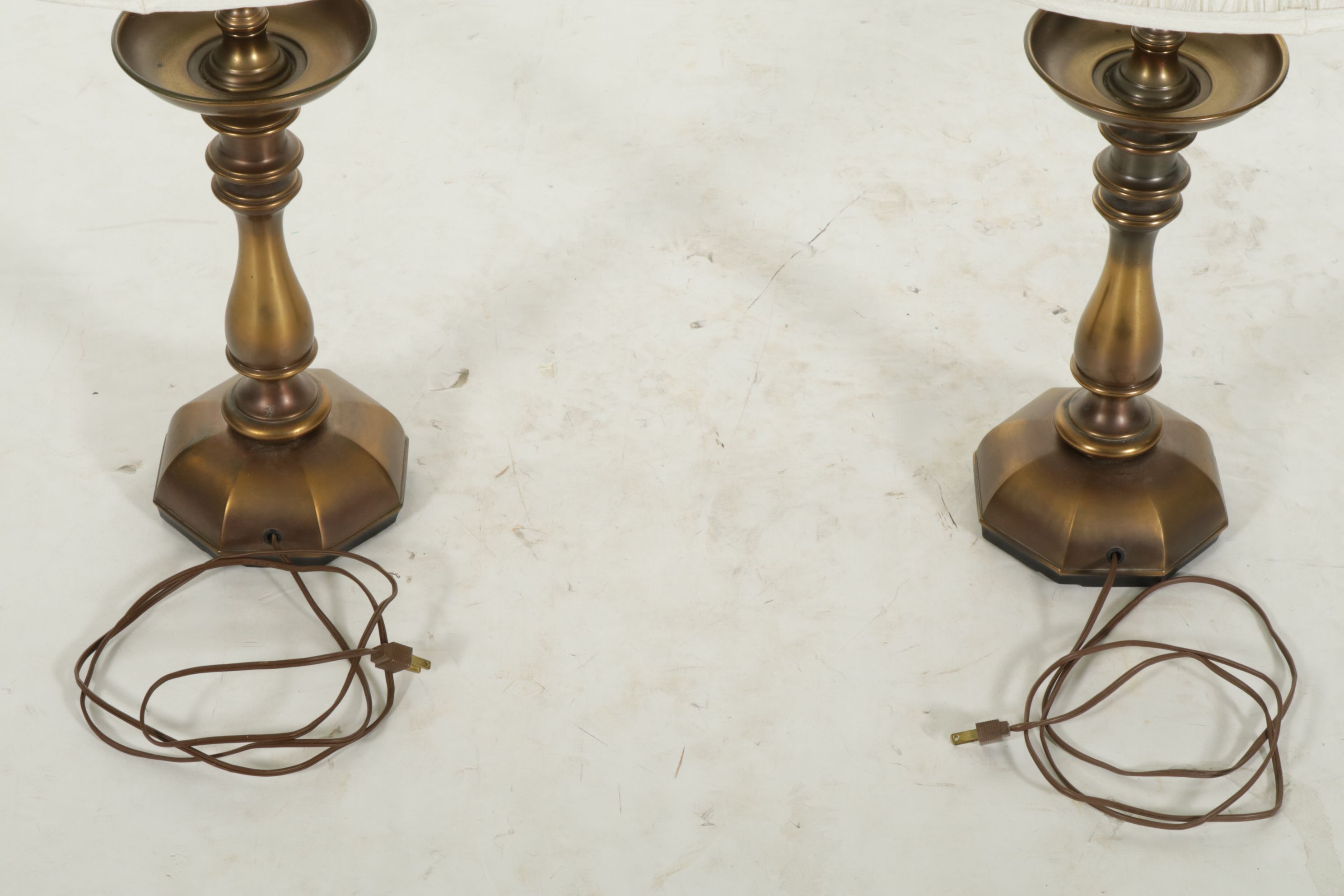 Pair of Brass Baluster Candlestick Table Lamps with Ruffled Shades
