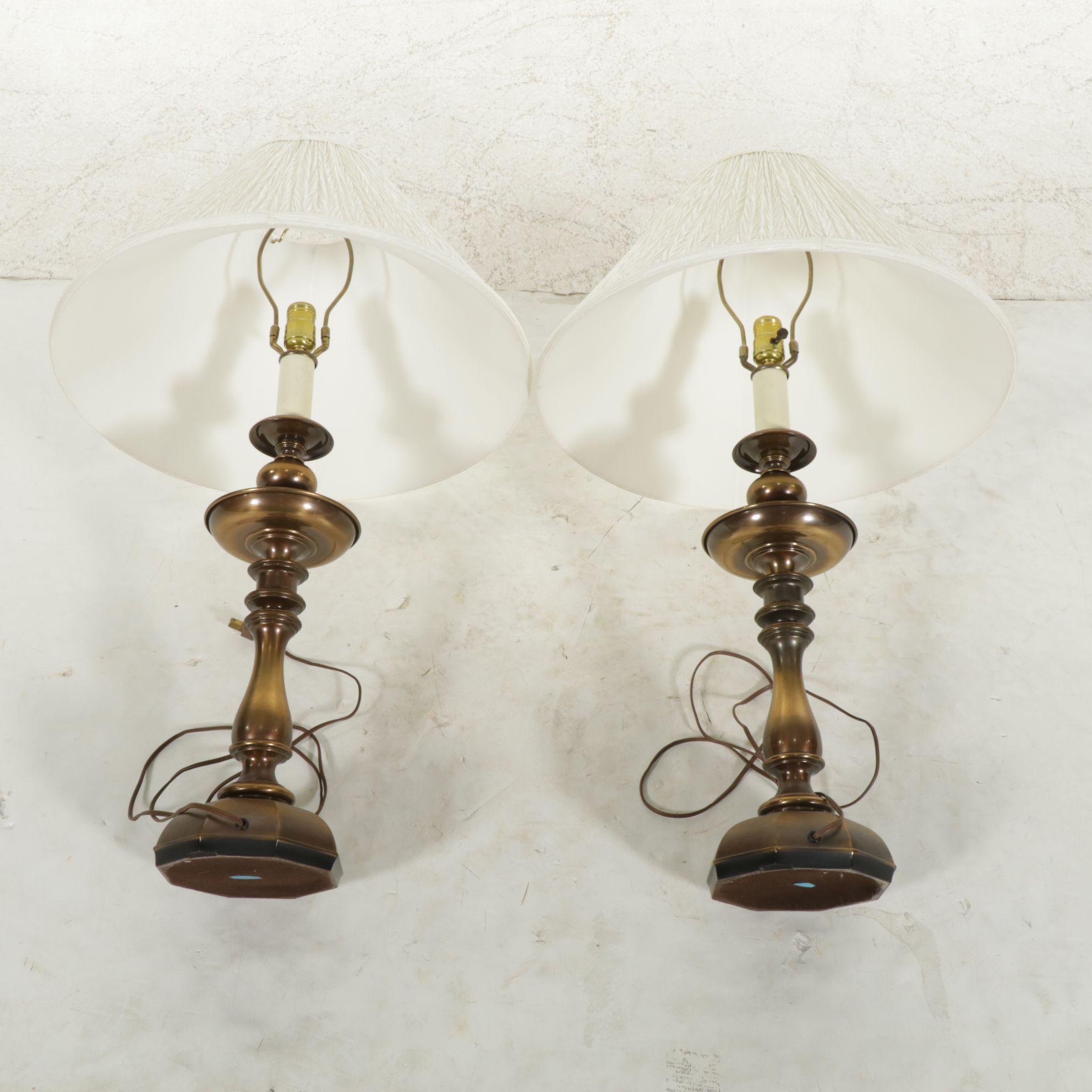Pair of Brass Baluster Candlestick Table Lamps with Ruffled Shades