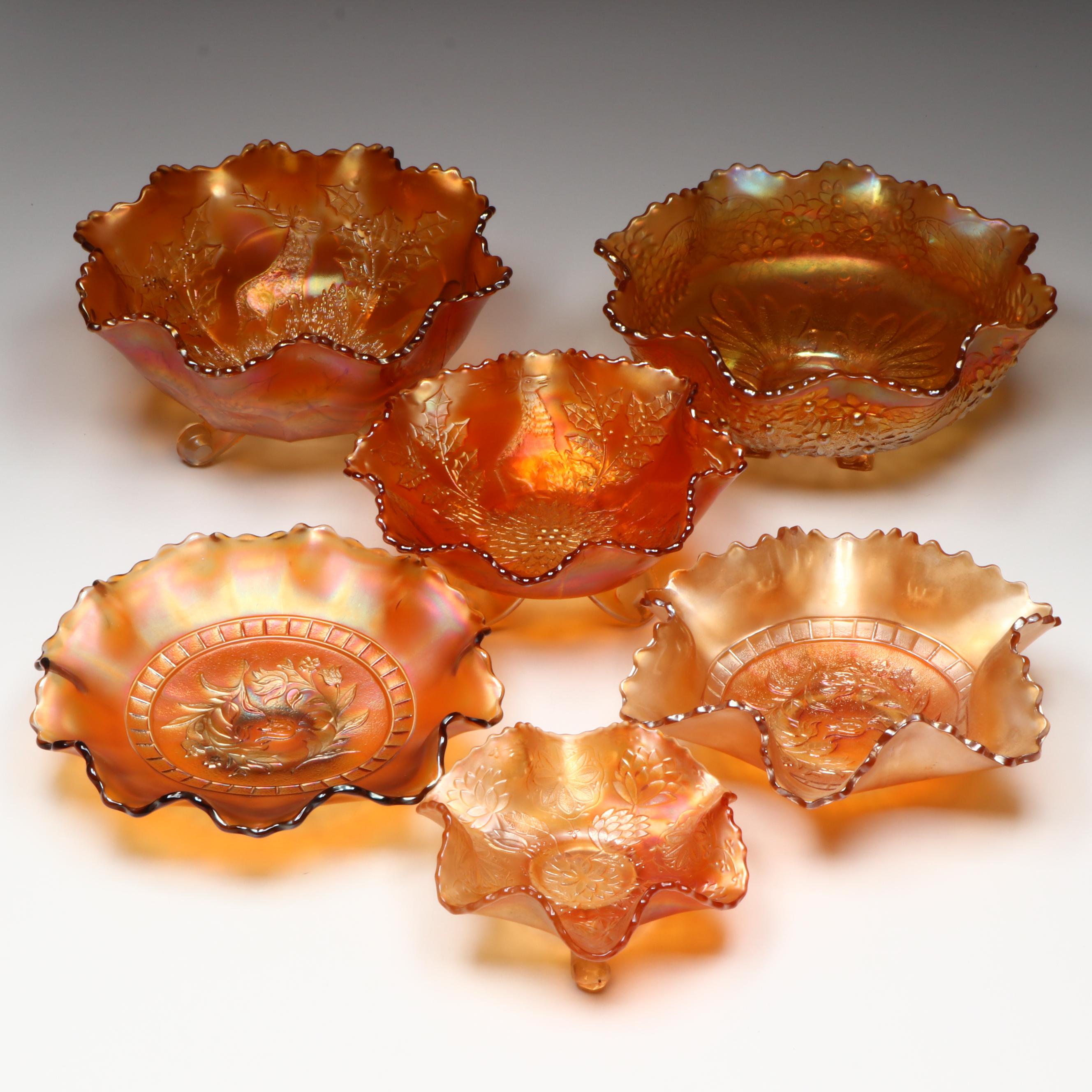 Dugan "Windflower Marigold" Dishes with Other Carnival Glass Footed Bowls