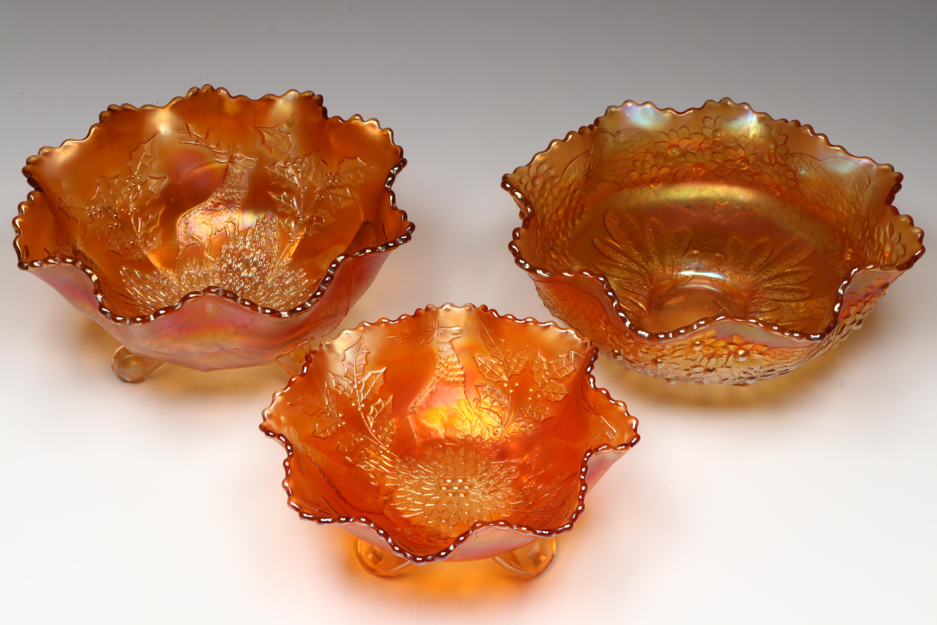 Dugan "Windflower Marigold" Dishes with Other Carnival Glass Footed Bowls