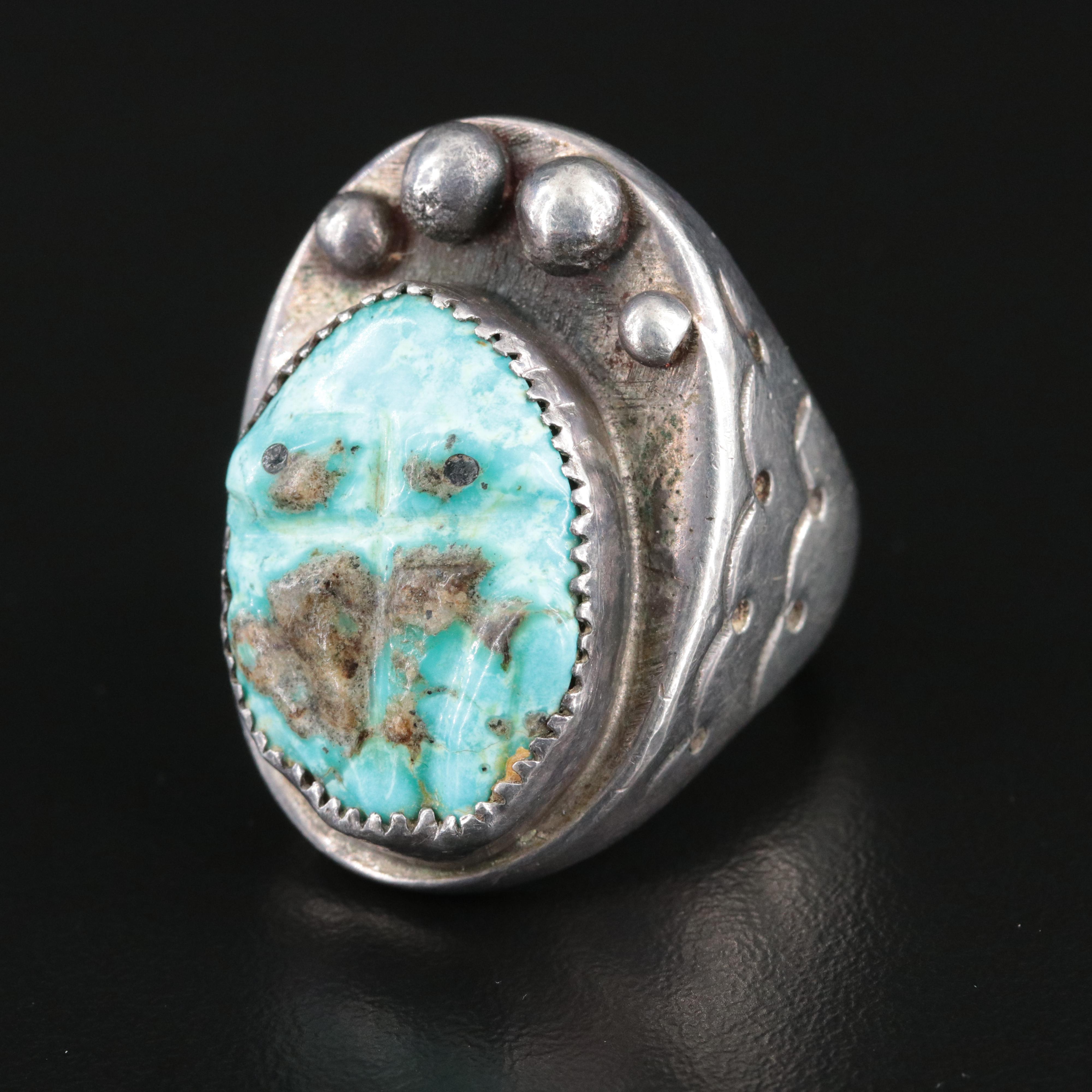 Western Style Silver Carved Turquoise Frog Ring