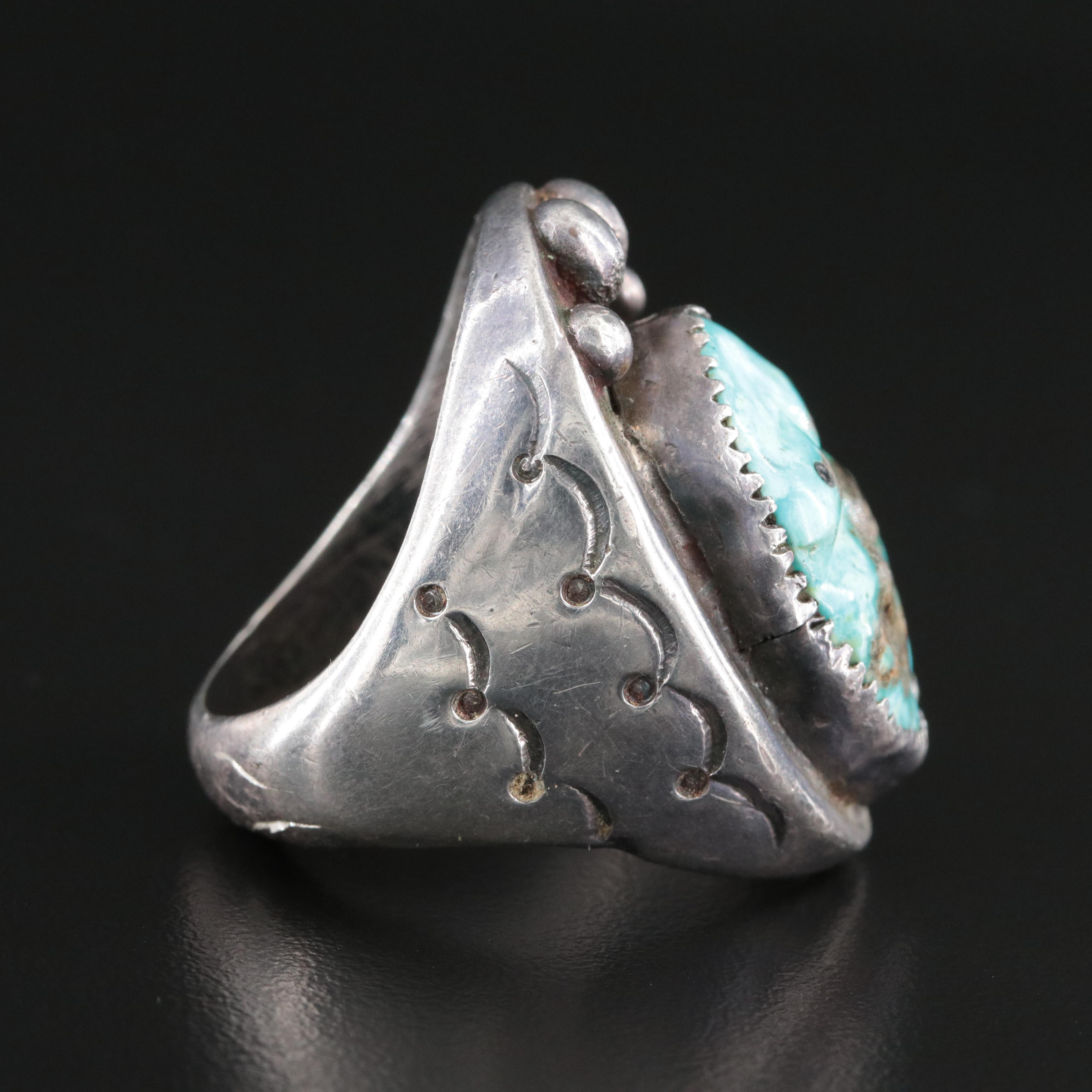 Western Style Silver Carved Turquoise Frog Ring