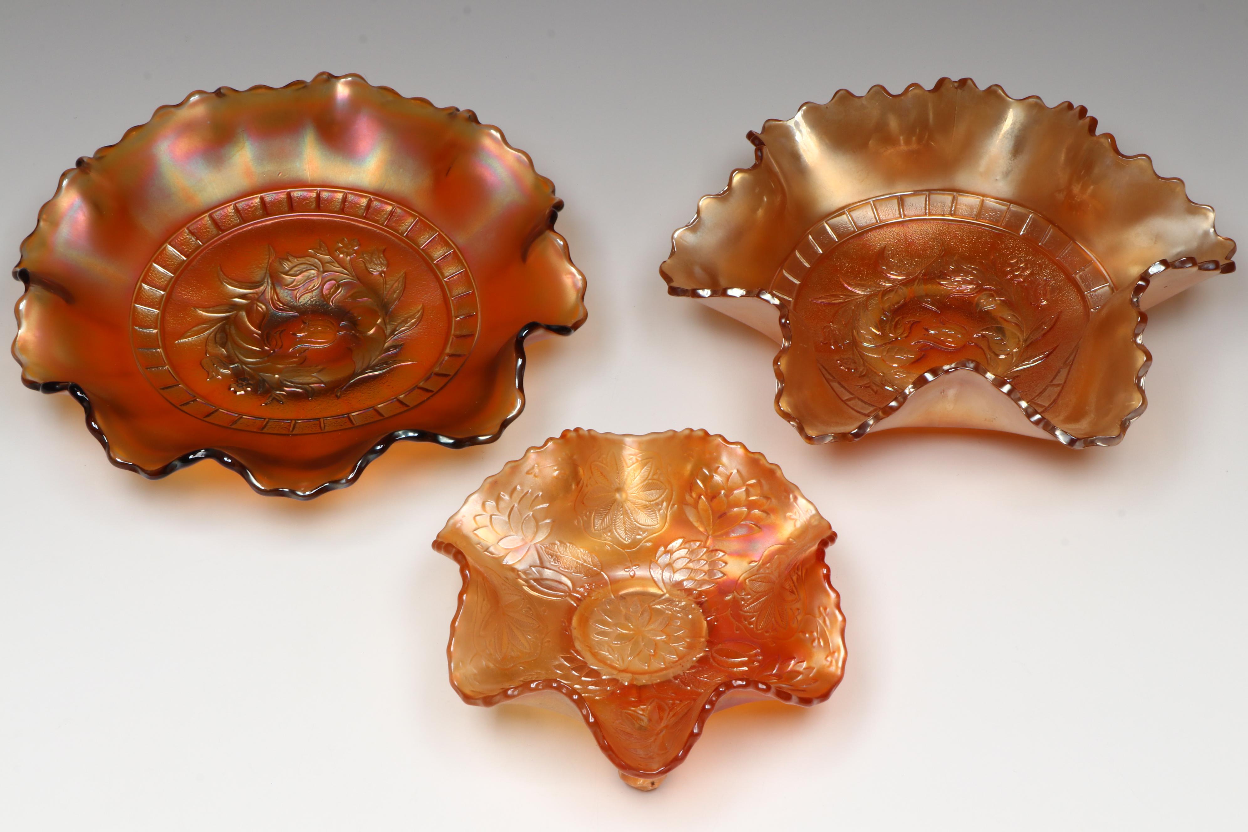 Dugan "Windflower Marigold" Dishes with Other Carnival Glass Footed Bowls
