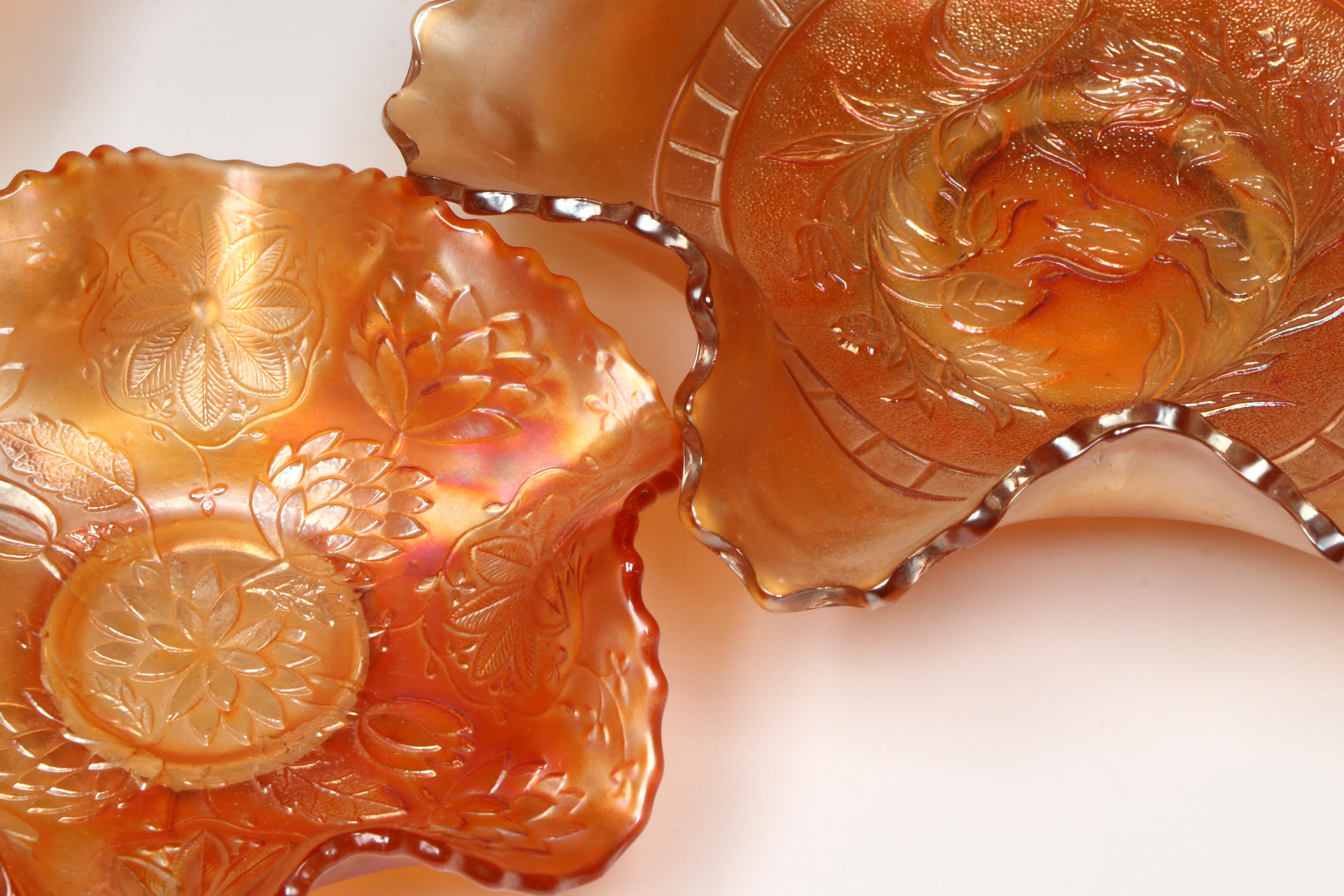 Dugan "Windflower Marigold" Dishes with Other Carnival Glass Footed Bowls