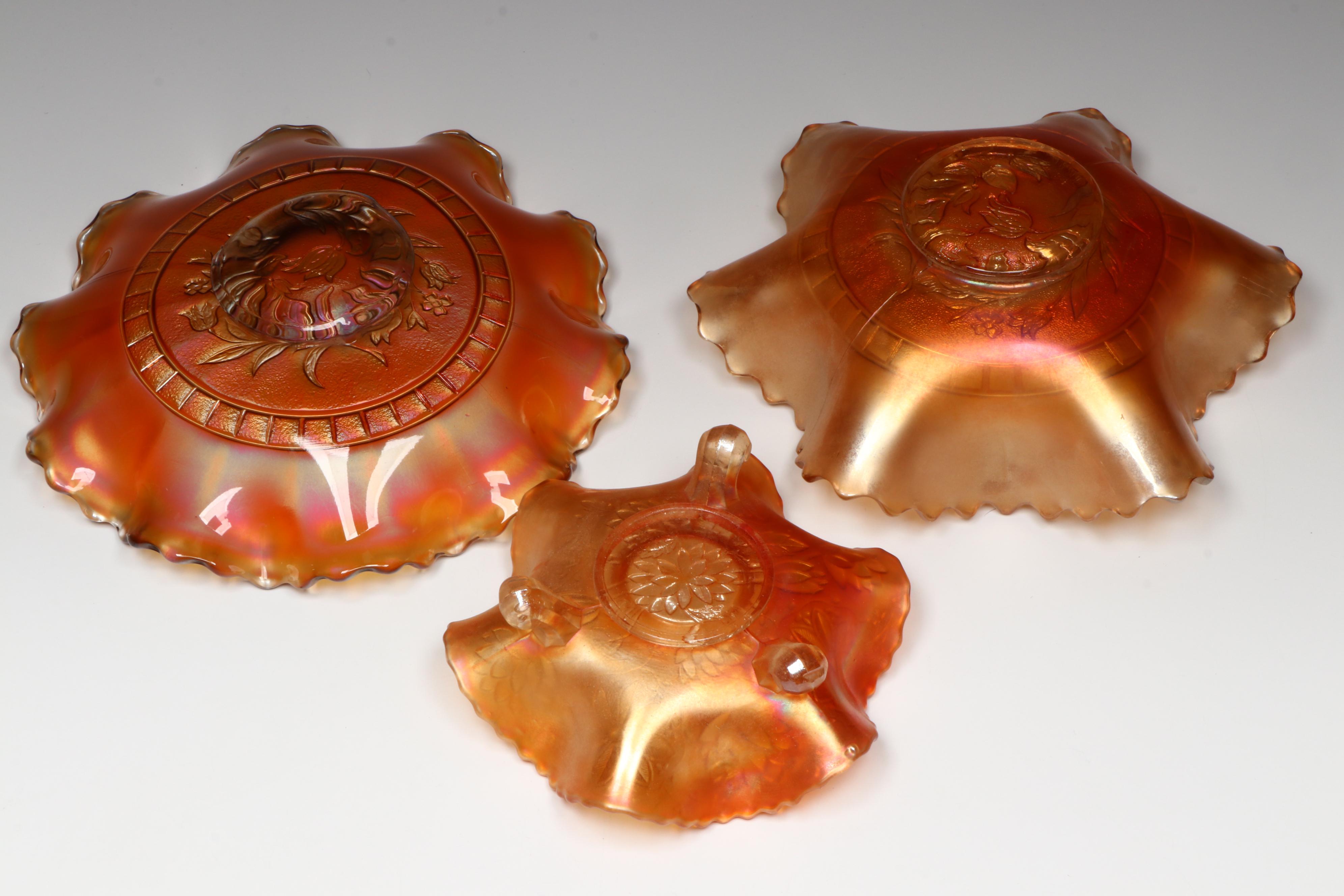 Dugan "Windflower Marigold" Dishes with Other Carnival Glass Footed Bowls
