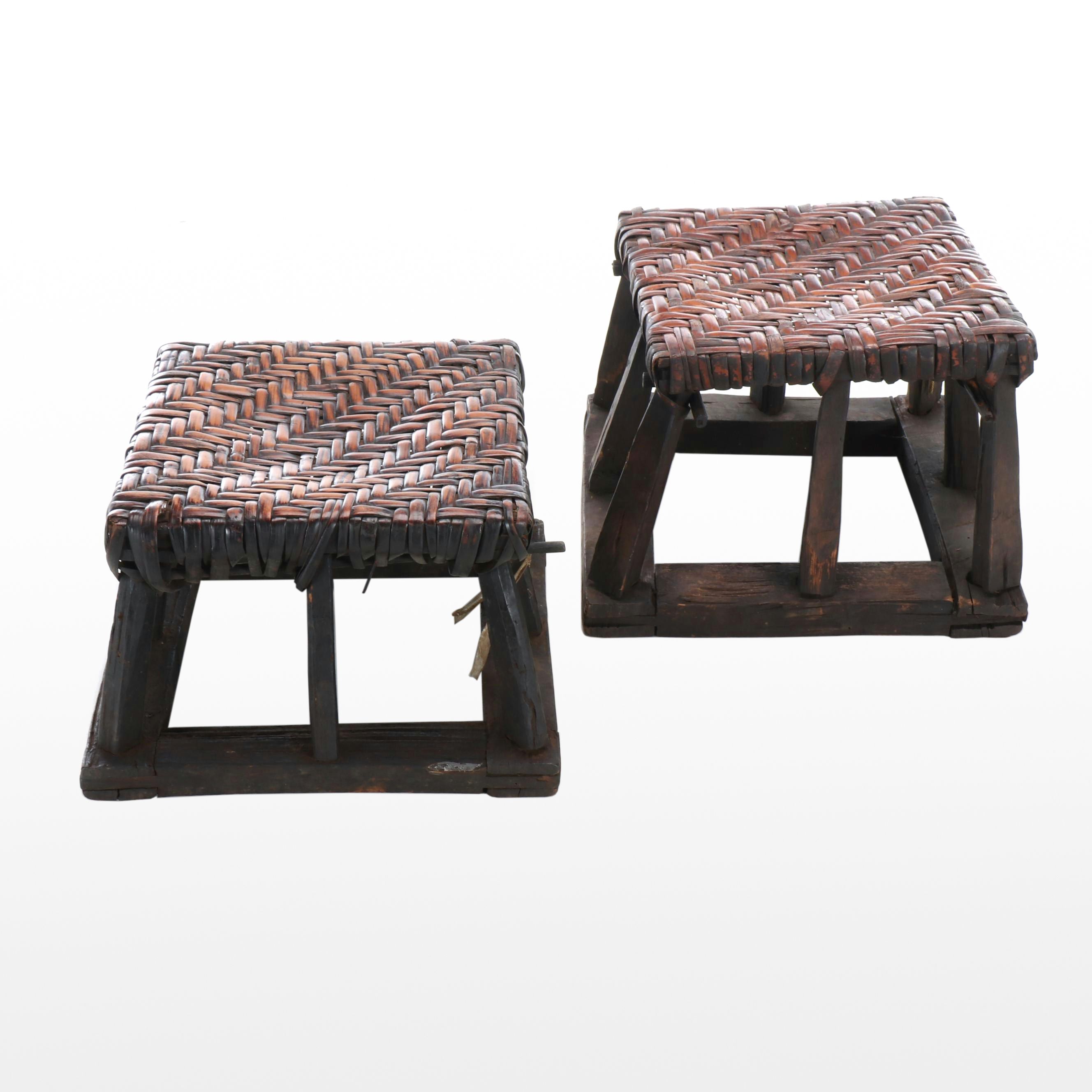 Pair of Wooden Siheyuan Stools with Woven Tops
