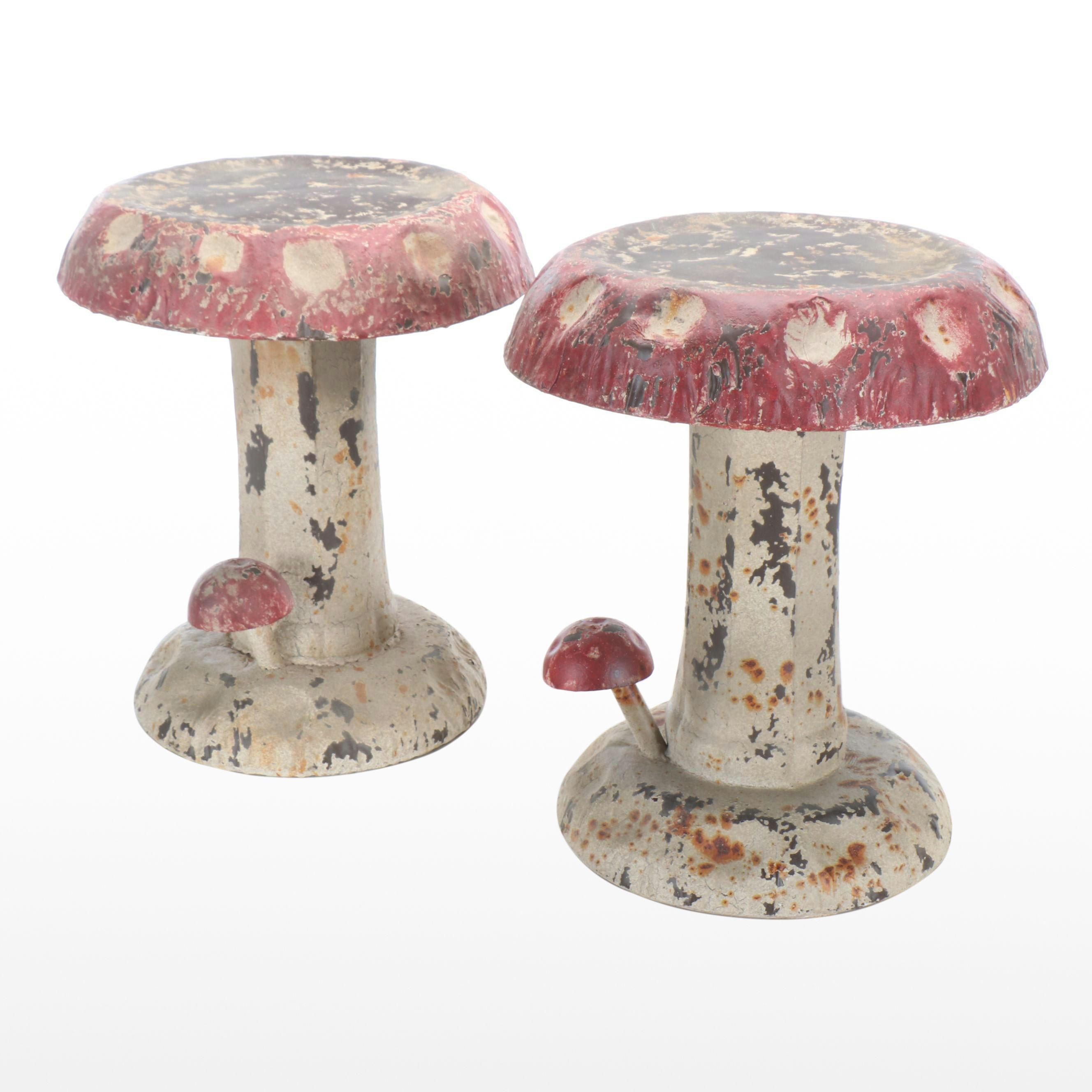 Pair of Polychrome Decorated Metal Toadstool Garden Seats