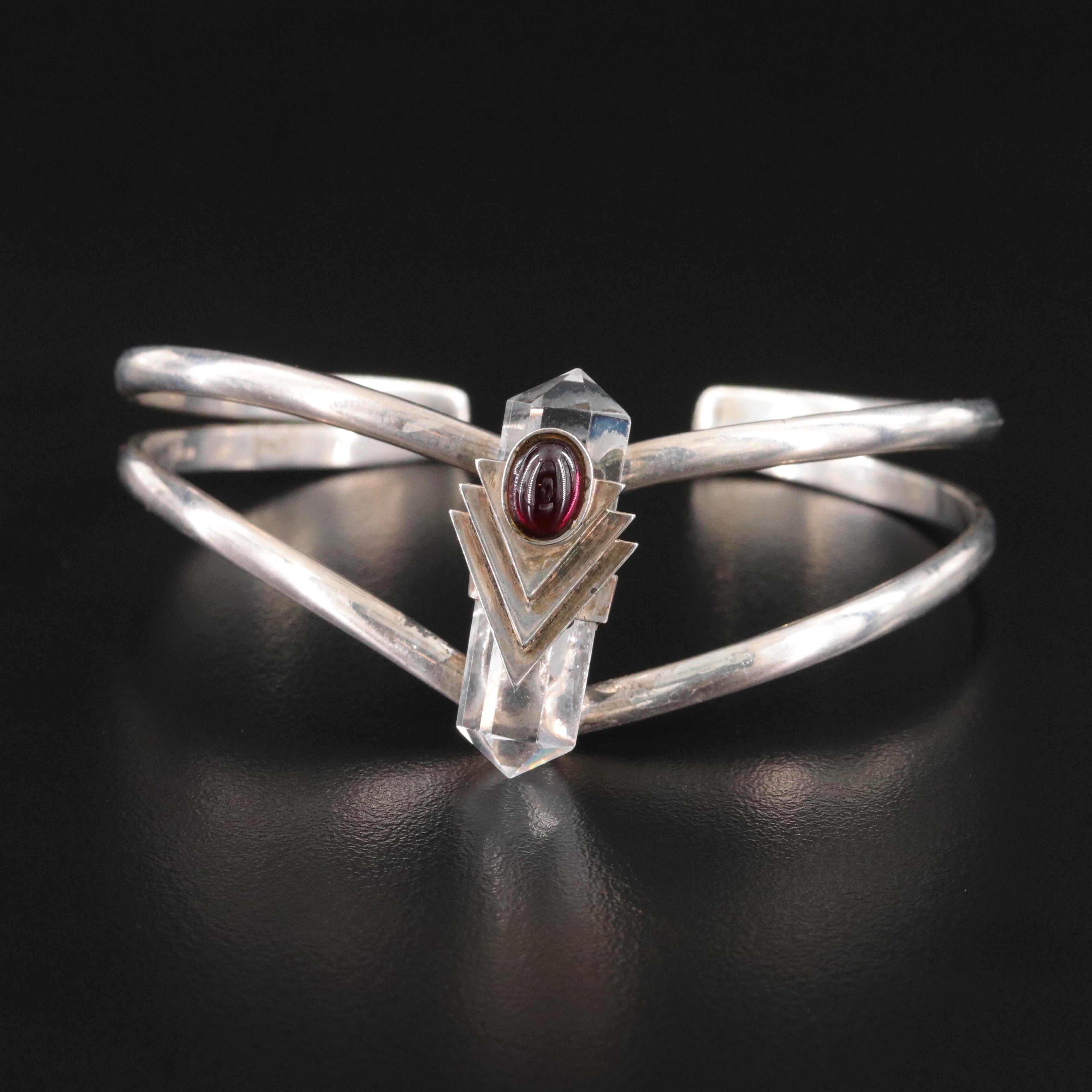 Sterling Chevron Crackle Quartz and Garnet Cuff Bracelet