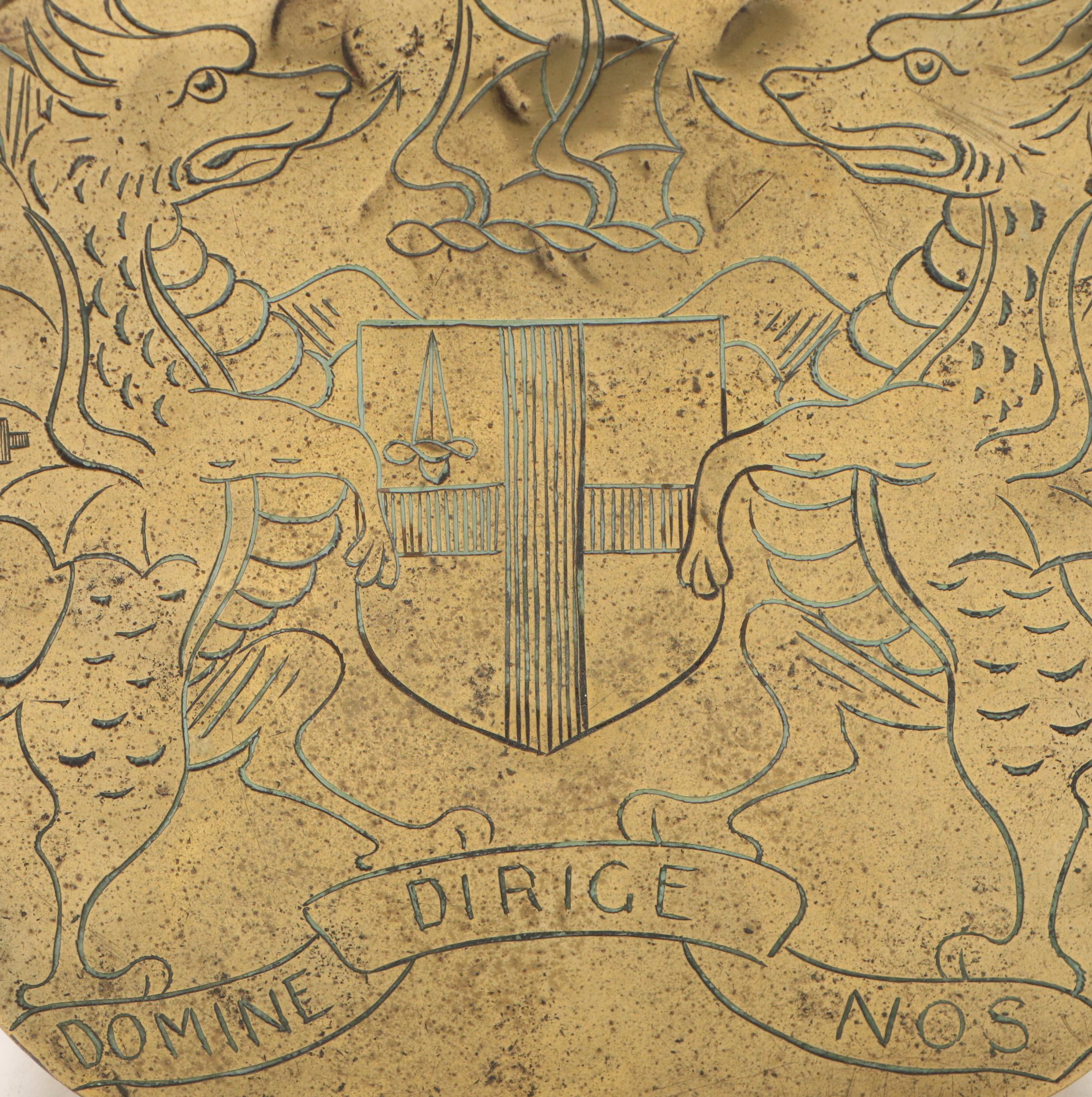 English Brass Wall Mounted Coin Box Engraved with the London Coat of Arms