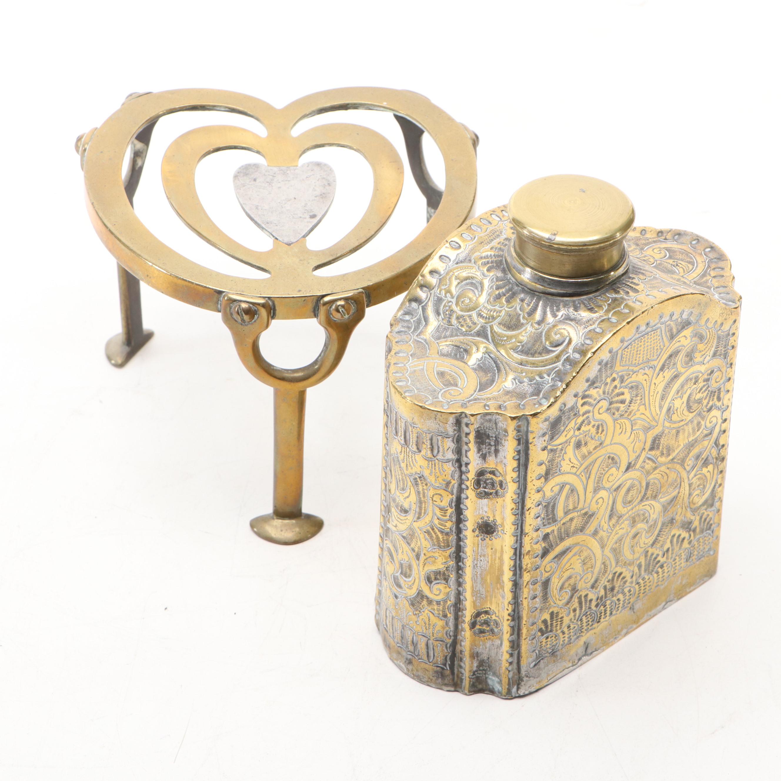 W. Tonks & Sons English Brass Kettle Stand with Chased Foliate Brass Decanter