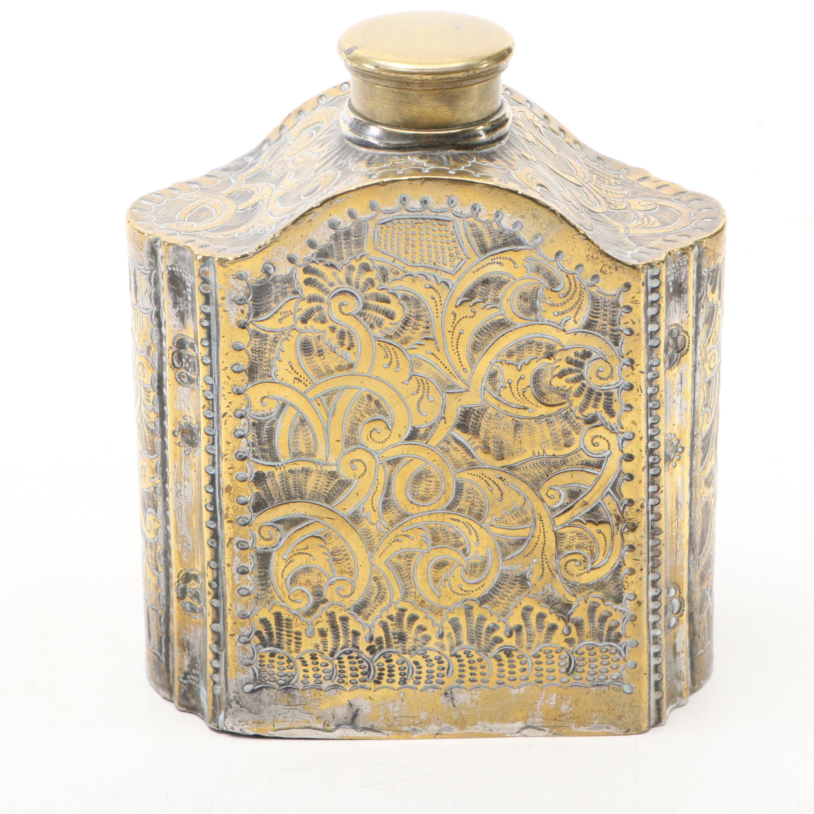 W. Tonks & Sons English Brass Kettle Stand with Chased Foliate Brass Decanter