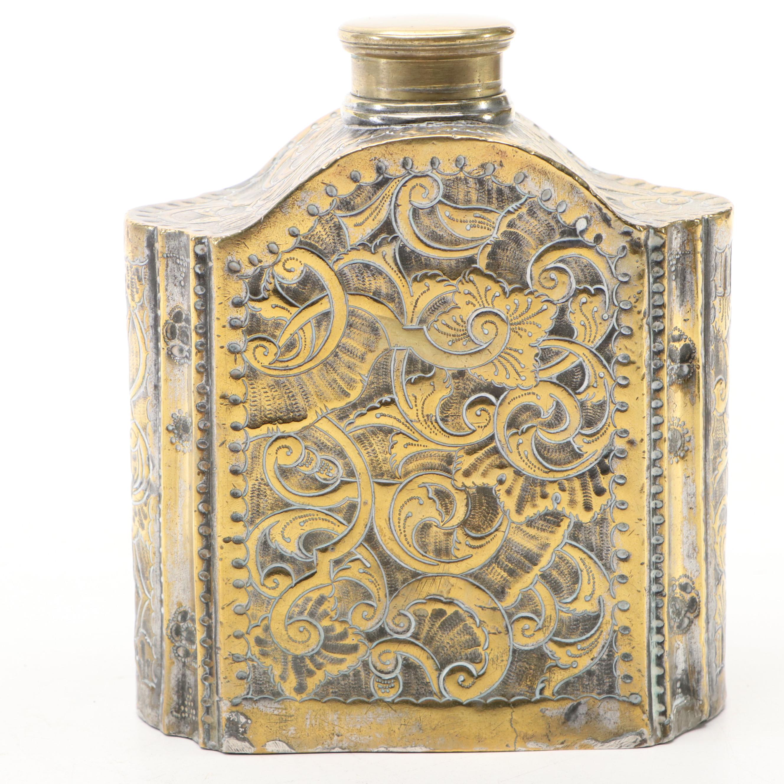 W. Tonks & Sons English Brass Kettle Stand with Chased Foliate Brass Decanter