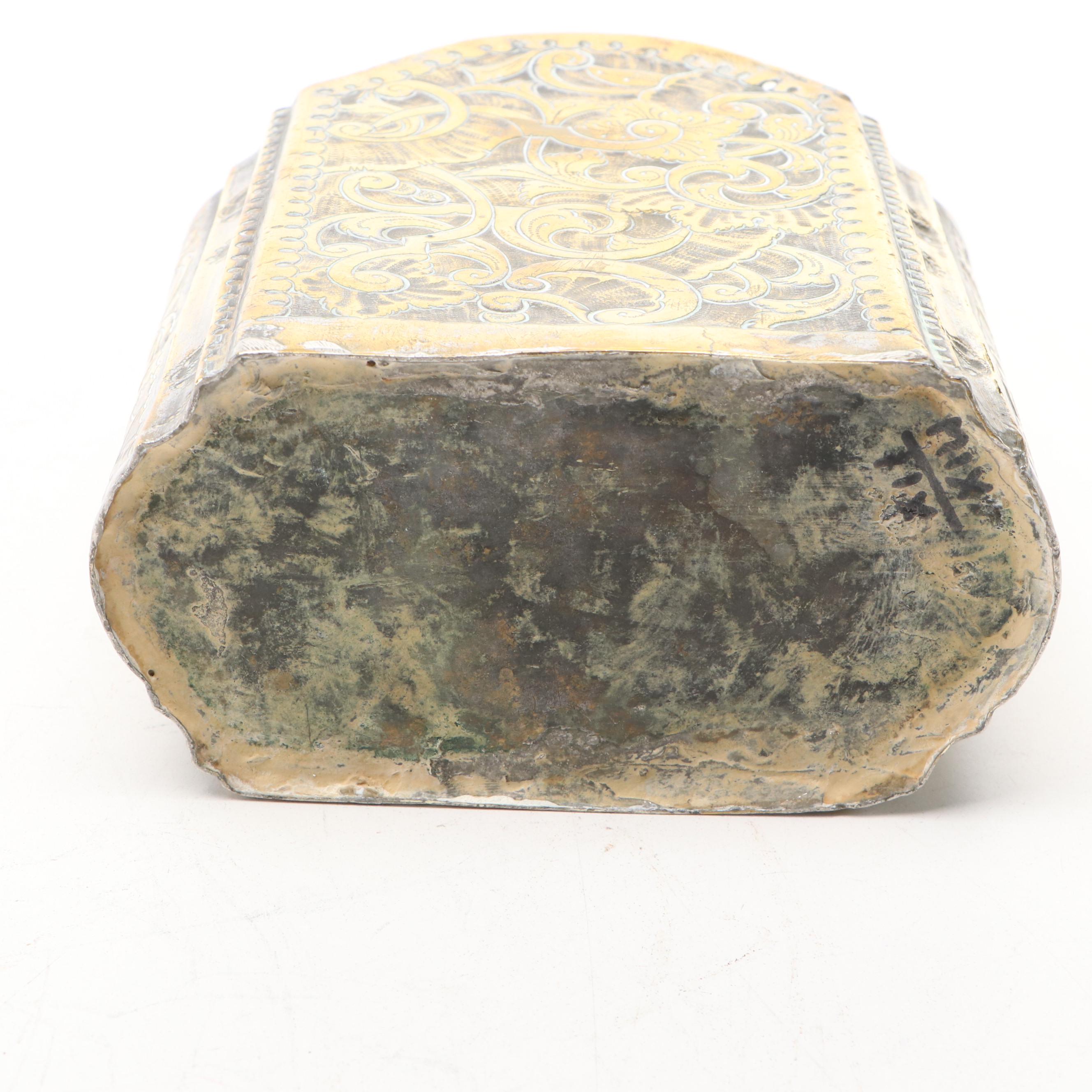 W. Tonks & Sons English Brass Kettle Stand with Chased Foliate Brass Decanter