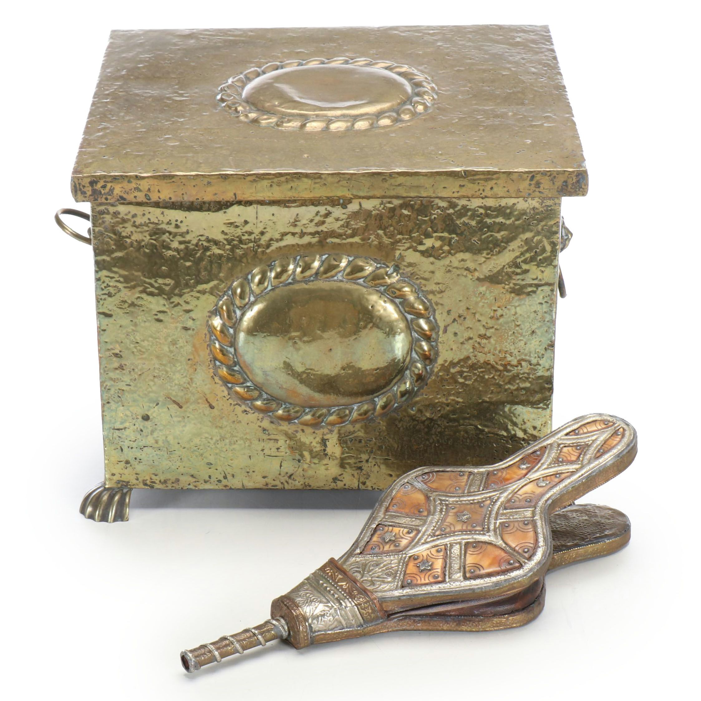 Victorian Style Brass and Horn Bellows and Brass Cast Wood Log Storage Box