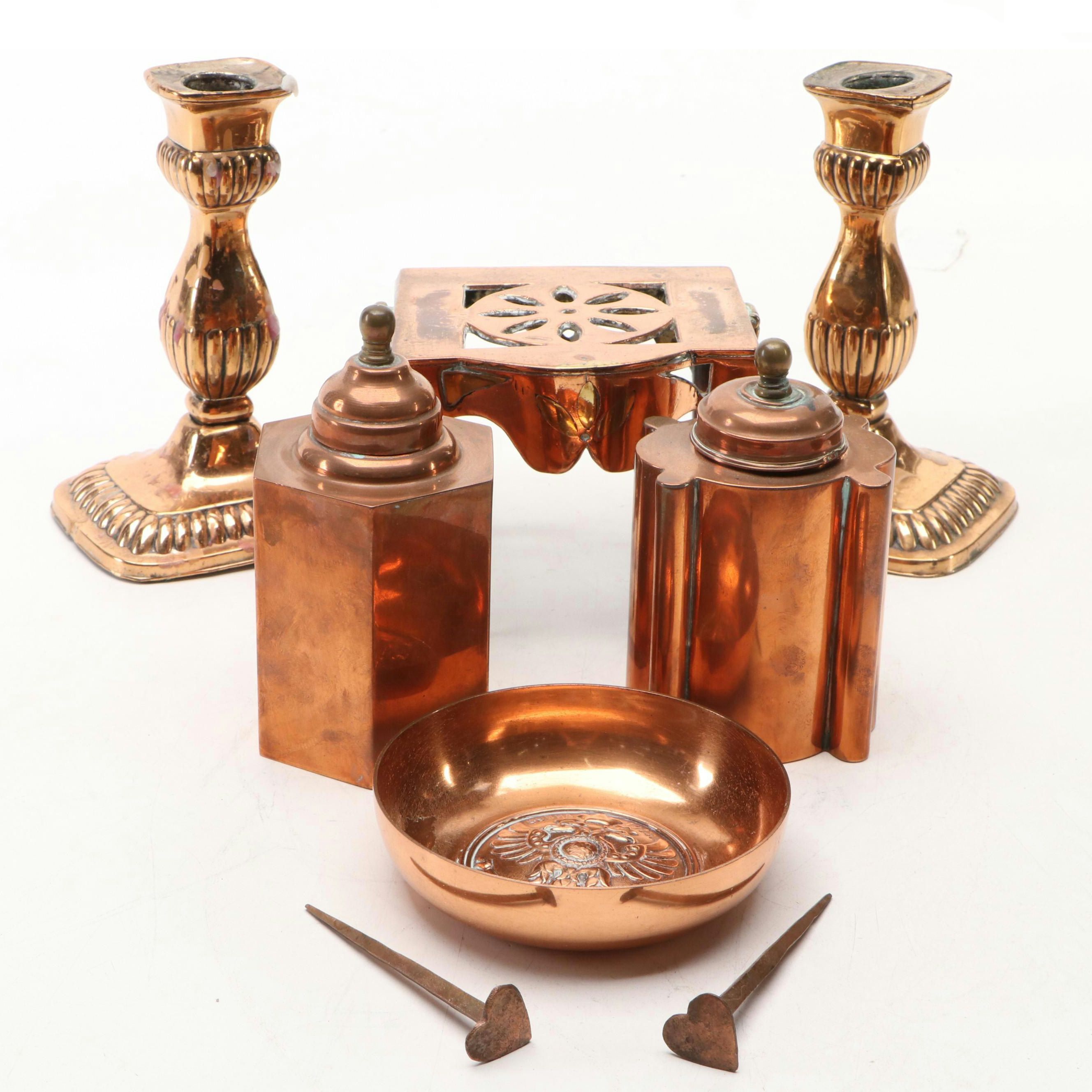 Russian Copper Dish and Tea Caddies with Other Décor