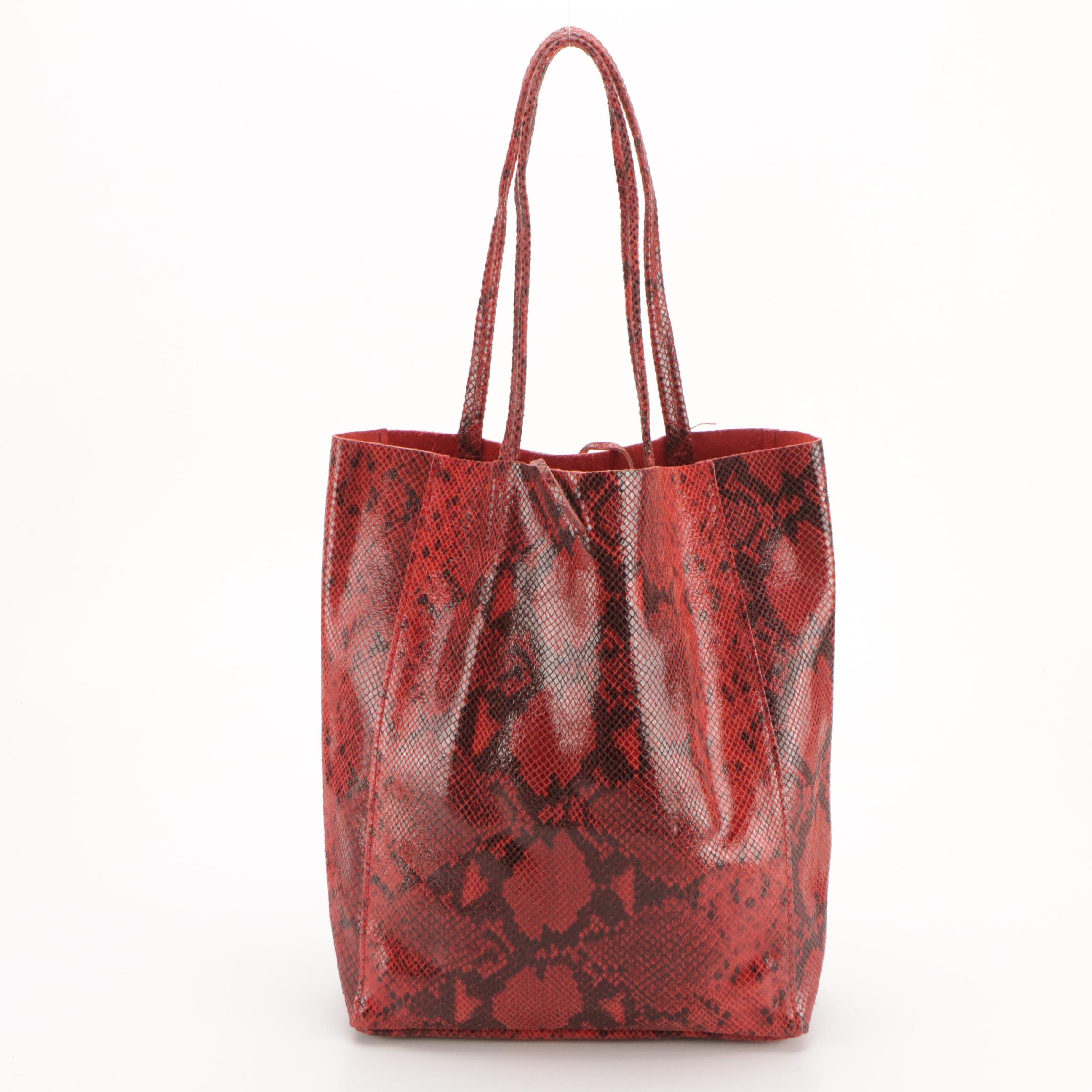Red Genuine Snakeskin Leather Tie Tote