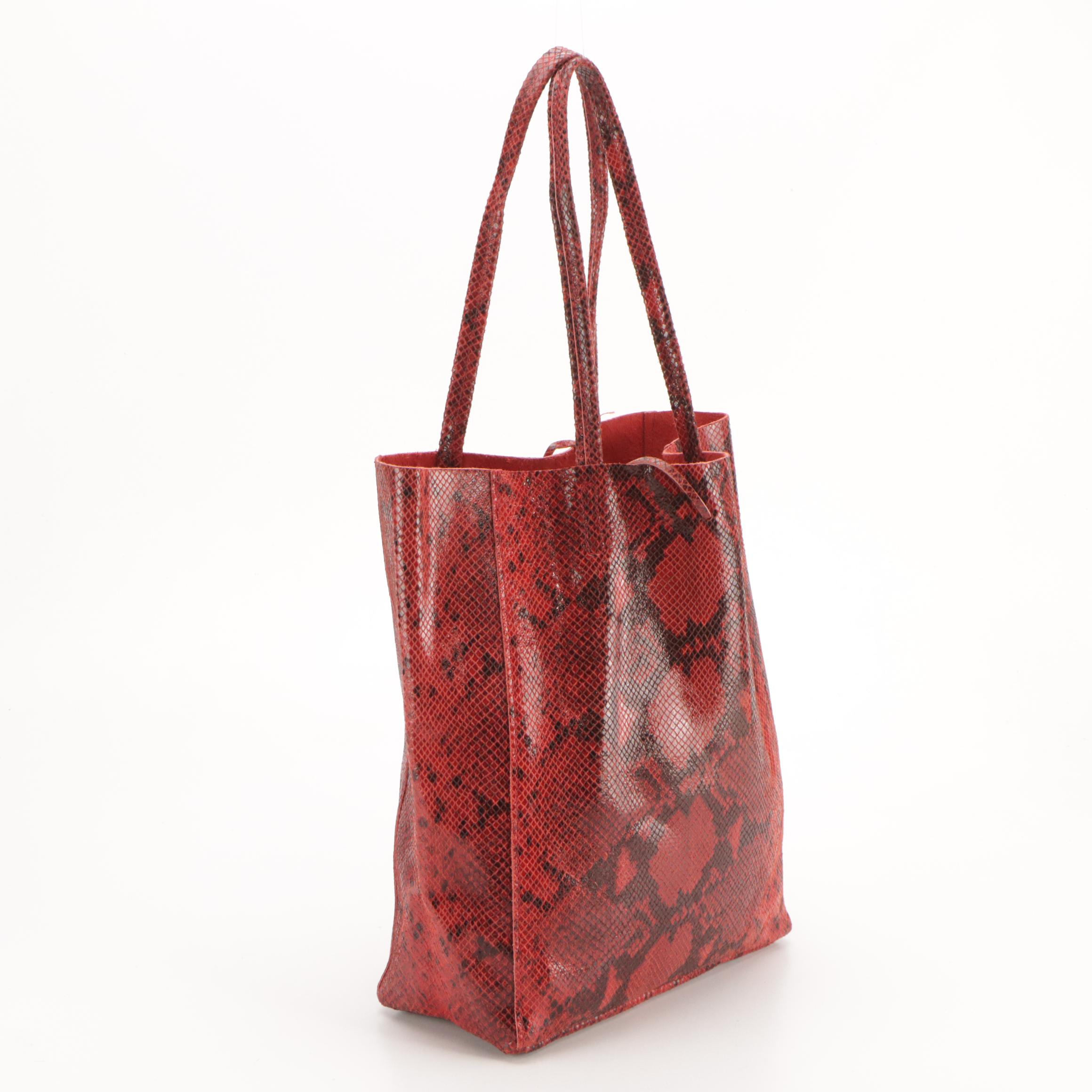 Red Genuine Snakeskin Leather Tie Tote