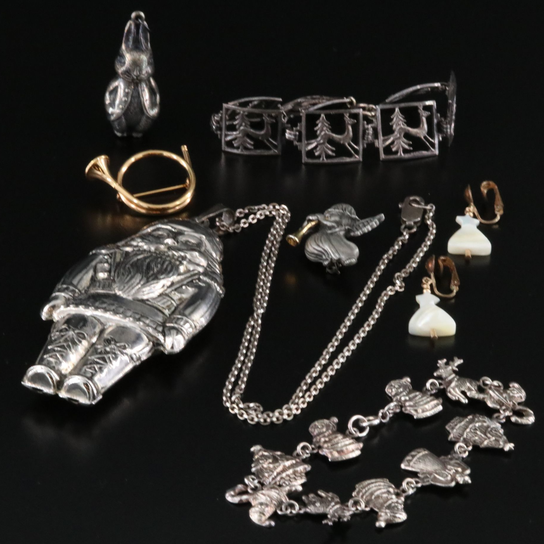 Vintage Christmas Themed Jewelry Featuring Sterling and Mother-of-Pearl