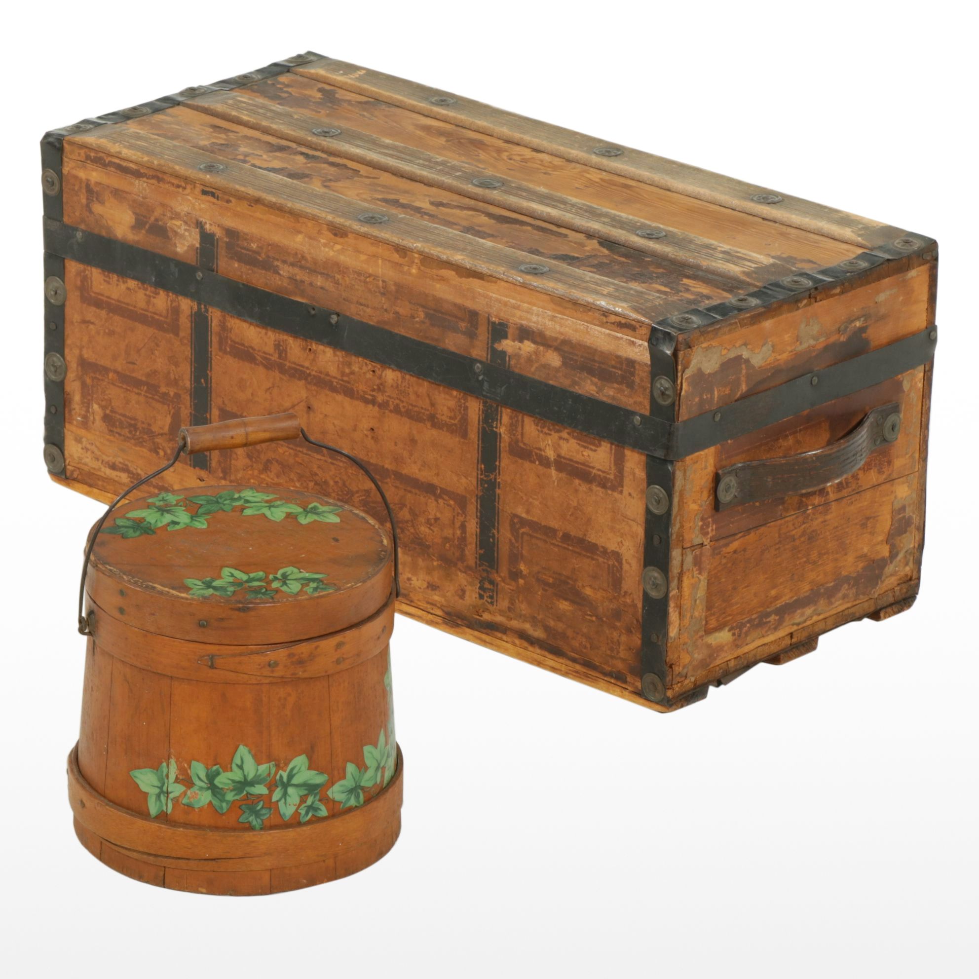 Small Wooden Steamer Trunk and Hand-Painted Pail