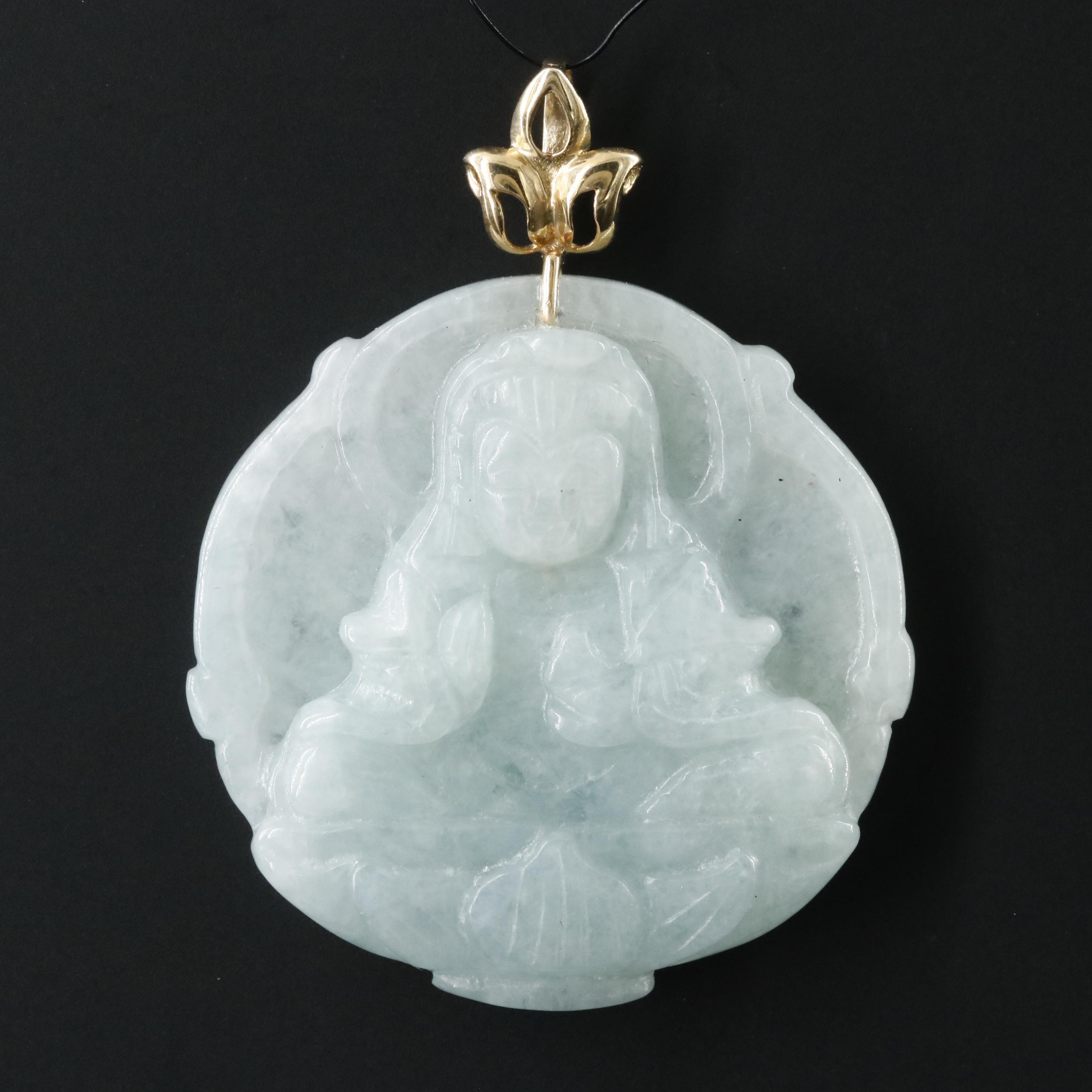 14K Jadeite Guanyin and Chinese "Longevity" Pendant